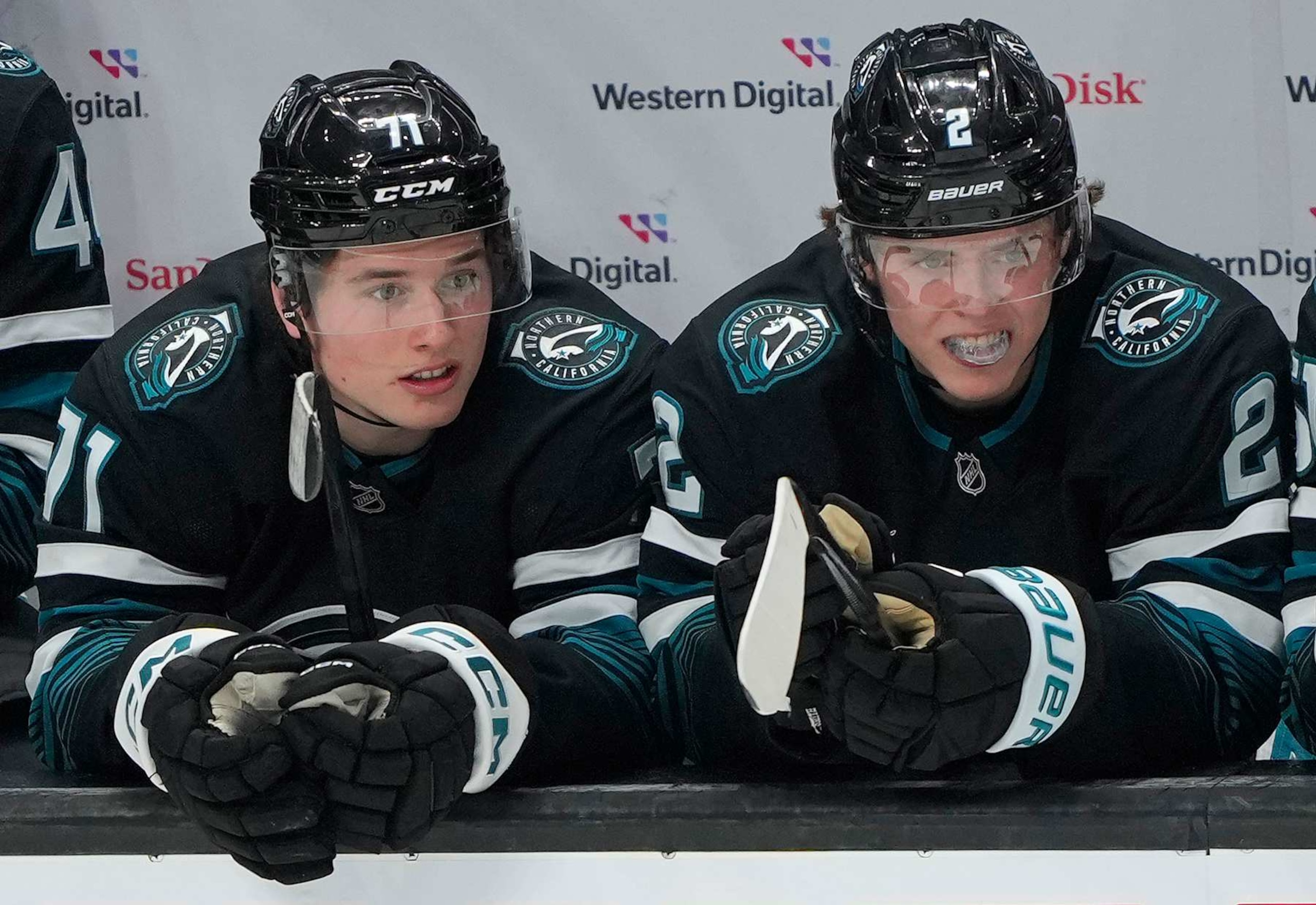 San Jose Sharks rookie forwards Macklin Celebrini (left) and Will Smith. San Jose Sharks rookie forwards Macklin Celebrini (left) and Will Smith.