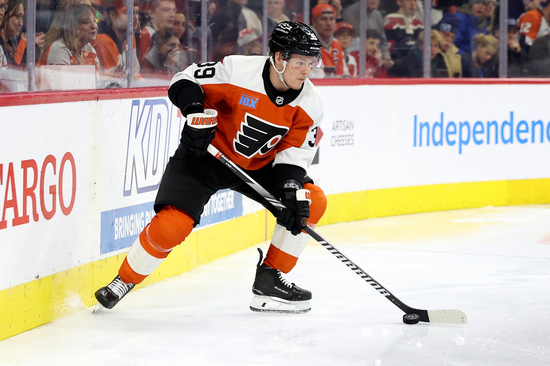 PHILADELPHIA, PENNSYLVANIA - DECEMBER 21: Matvei Michkov #39 of the Philadelphia Flyers skates during a game against the Columbus Blue Jackets at the Wells Fargo Center on December 21, 2024 in Philadelphia, Pennsylvania. (Photo by Emilee Chinn/Getty Images)