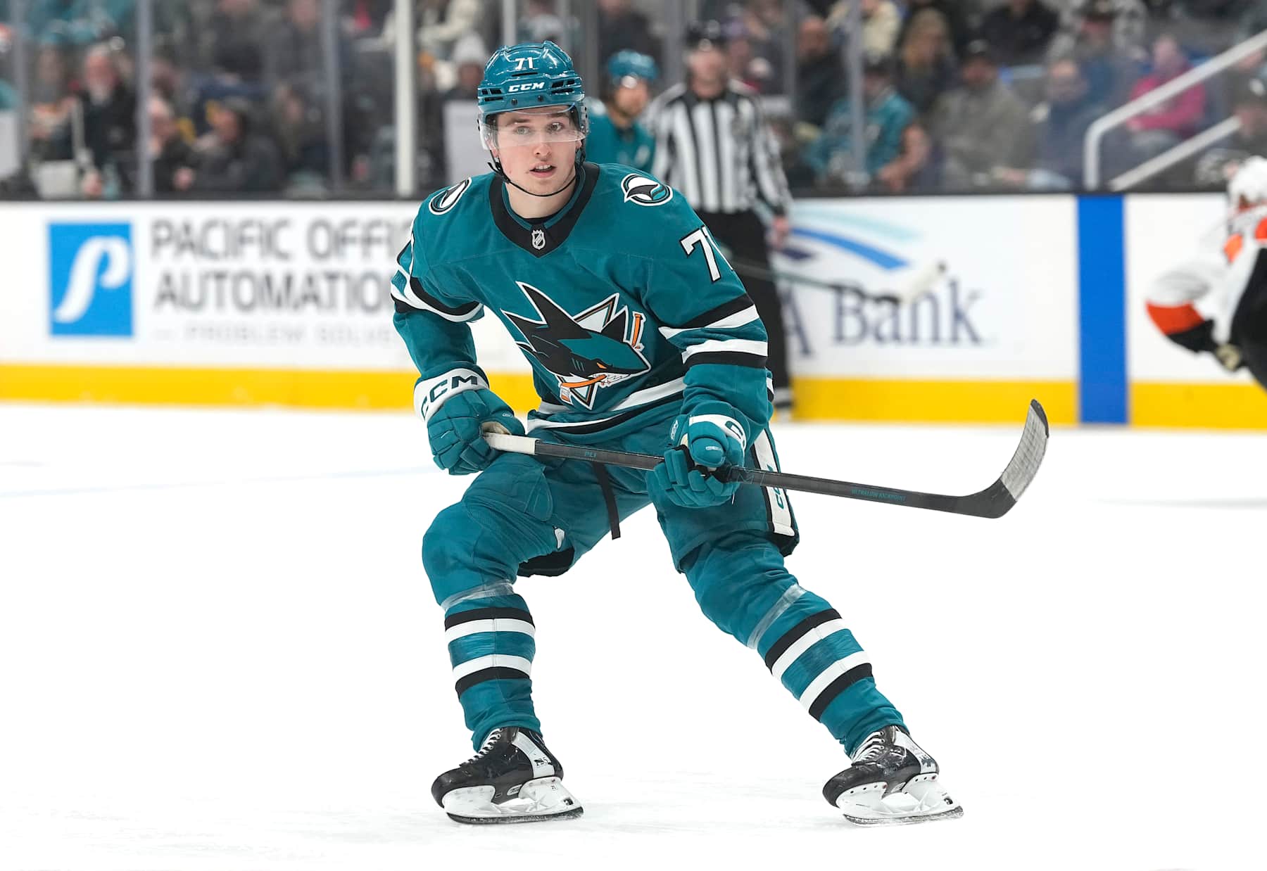 SAN JOSE, CALIFORNIA - DECEMBER 31: Macklin Celebrini #71 of the San Jose Sharks skates against the Philadelphia Flyers during the second period of an NHL hockey game at SAP Center on December 31, 2024 in San Jose, California. (Photo by Thearon W. Henderson/Getty Images)