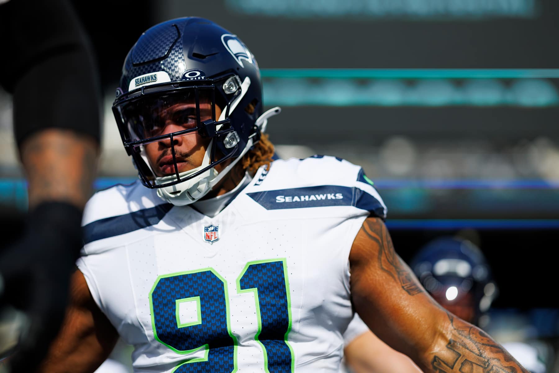 EAST RUTHERFORD, NEW JERSEY - DECEMBER 1: Defensive tackle Byron Murphy II #91 of the Seattle Seahawks enters the field prior to an NFL football game against the New York Jets, at MetLife Stadium on December 1, 2024 in East Rutherford, New Jersey. (Photo by Brooke Sutton/Getty Images)