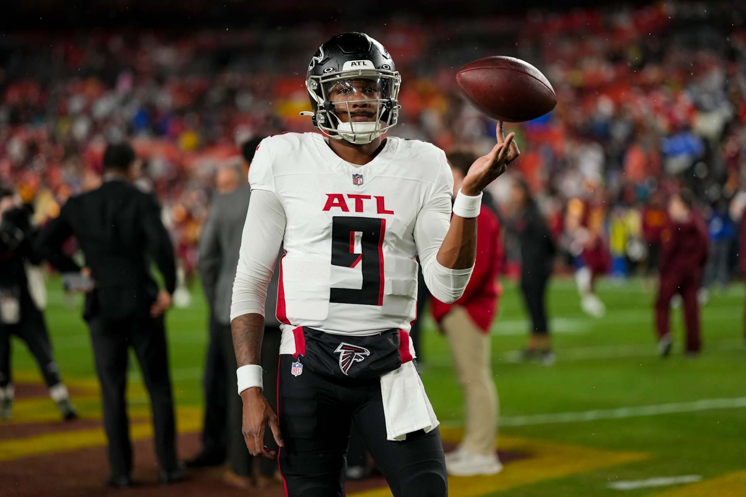 LANDOVER, MARYLAND - DECEMBER 29: Quarterback Michael Penix Jr. #9 of the Atlanta Falcons stands on the field prior to an NFL football game against the Washington Commanders, at Northwest Stadium on December 29, 2024 in Landover, Maryland. (Photo by Todd Rosenberg/Getty Images) LANDOVER, MARYLAND - DECEMBER 29: Quarterback Michael Penix Jr. #9 of the Atlanta Falcons stands on the field prior to an NFL football game against the Washington Commanders, at Northwest Stadium on December 29, 2024 in Landover, Maryland. (Photo by Todd Rosenberg/Getty Images)