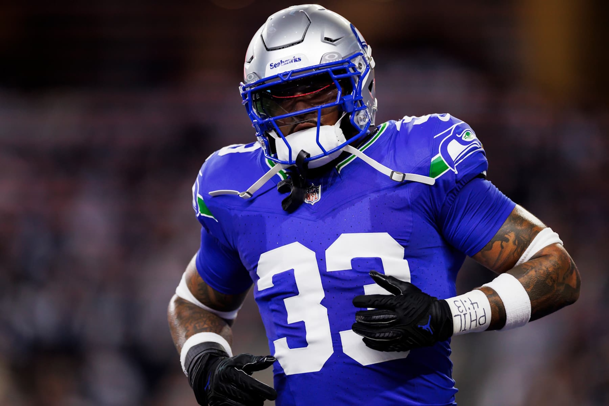 ARLINGTON, TEXAS - NOVEMBER 30: Jamal Adams #33 of the Seattle Seahawks celebrates after a play during an NFL football game against the Dallas Cowboys at AT&T Stadium on November 30, 2023 in Arlington, Texas. (Photo by Ryan Kang/Getty Images) ARLINGTON, TEXAS - NOVEMBER 30: Jamal Adams #33 of the Seattle Seahawks celebrates after a play during an NFL football game against the Dallas Cowboys at AT&T Stadium on November 30, 2023 in Arlington, Texas. (Photo by Ryan Kang/Getty Images)
