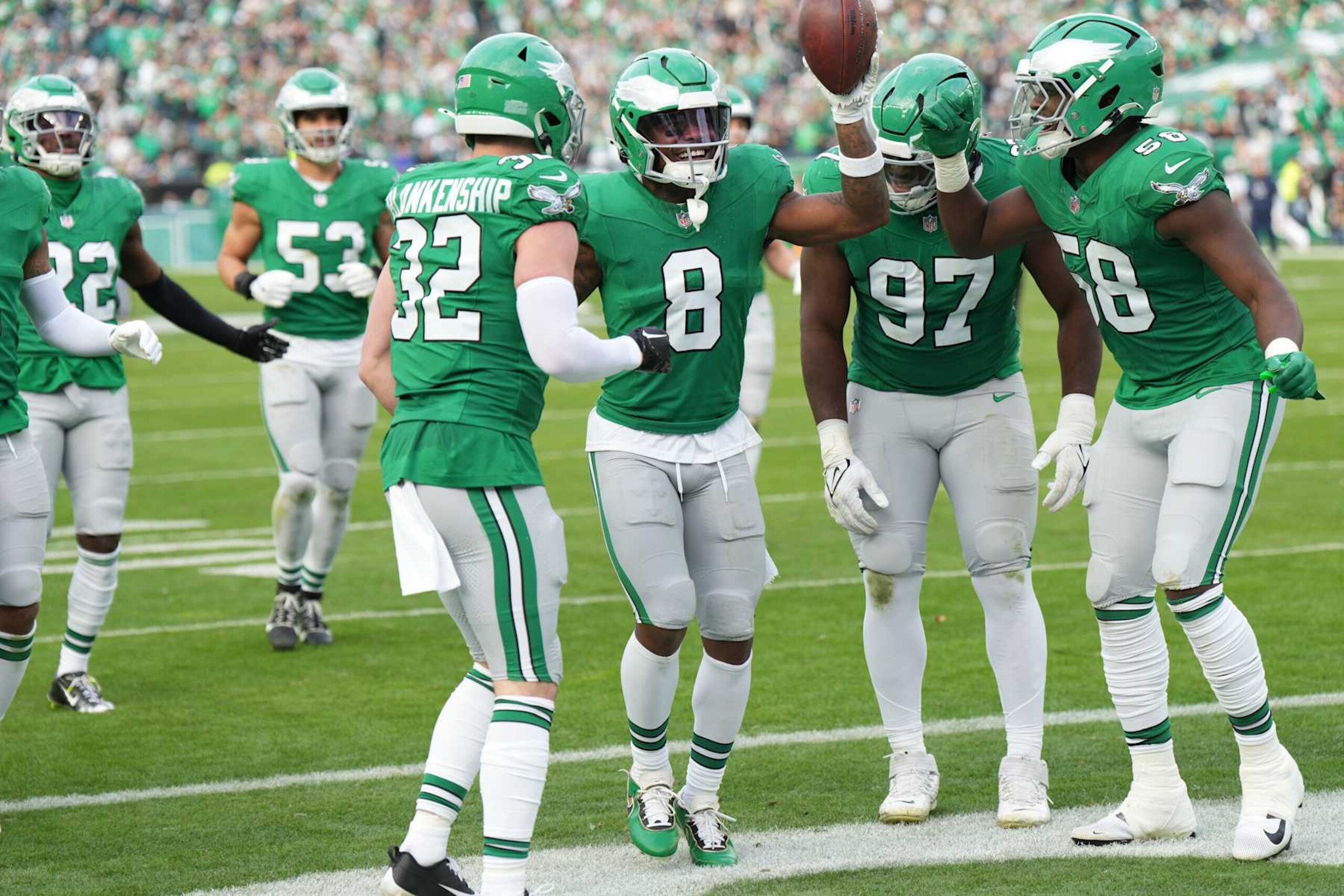 PHILADELPHIA, PA - DECEMBER 29: Philadelphia Eagles safety C.J. Gardner-Johnson (8) celebrates his pick six during the game between the Philadelphia Eagles and the Dallas Cowboys on December 29, 2024 at Lincoln Financial Field in Philadelphia, PA.(Photo by Andy Lewis/Icon Sportswire via Getty Images) PHILADELPHIA, PA - DECEMBER 29: Philadelphia Eagles safety C.J. Gardner-Johnson (8) celebrates his pick six during the game between the Philadelphia Eagles and the Dallas Cowboys on December 29, 2024 at Lincoln Financial Field in Philadelphia, PA.(Photo by Andy Lewis/Icon Sportswire via Getty Images)