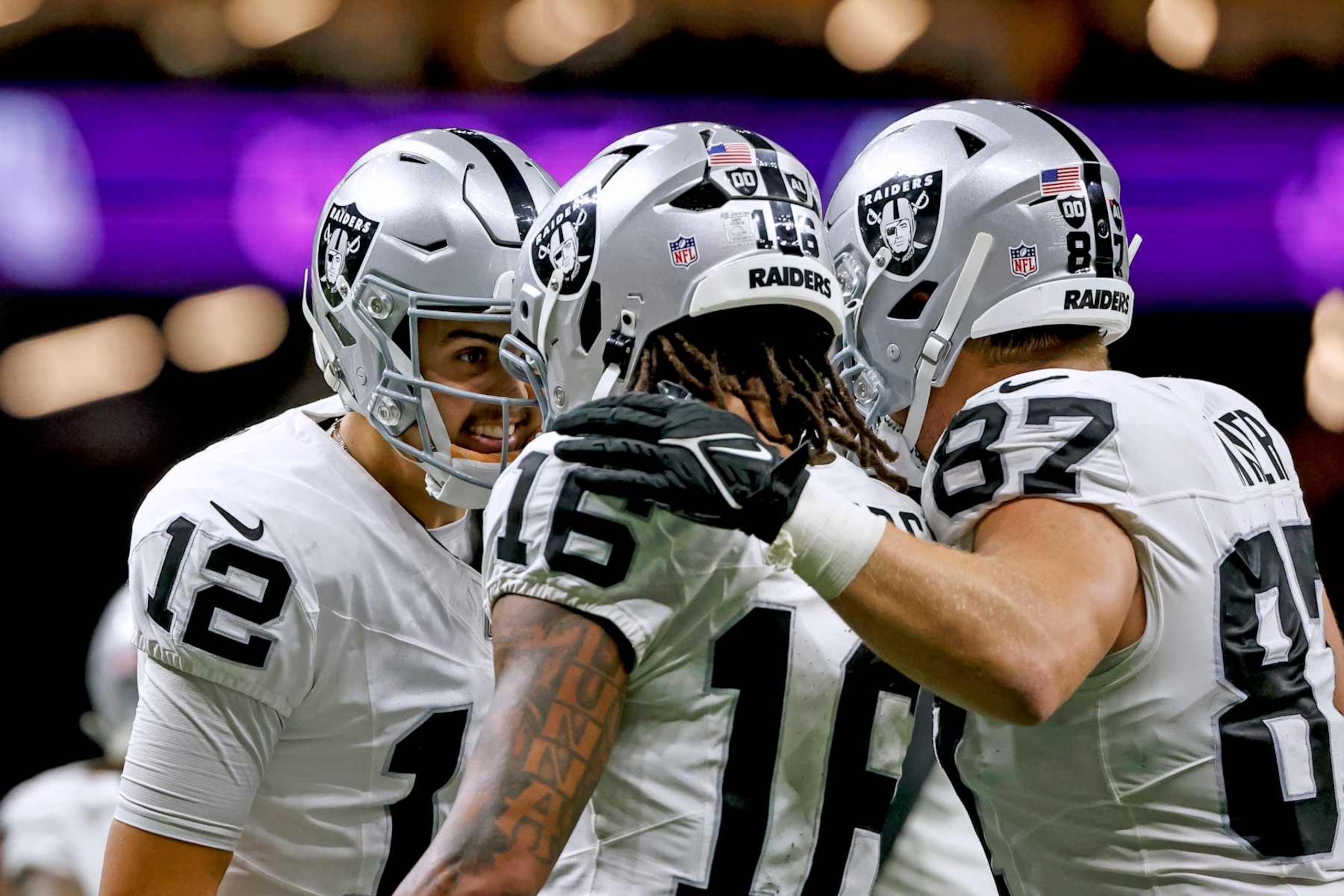 NEW ORLEANS, LOUISIANA - DECEMBER 29: Aidan O'Connell #12 of the Las Vegas Raiders celebrates with Jakobi Meyers #16 after a touchdown during the first half of a game against the New Orleans Saints at the Caesars Superdome on December 29, 2024 in New Orleans, Louisiana. (Photo by Derick E. Hingle/Getty Images) NEW ORLEANS, LOUISIANA - DECEMBER 29: Aidan O'Connell #12 of the Las Vegas Raiders celebrates with Jakobi Meyers #16 after a touchdown during the first half of a game against the New Orleans Saints at the Caesars Superdome on December 29, 2024 in New Orleans, Louisiana. (Photo by Derick E. Hingle/Getty Images)