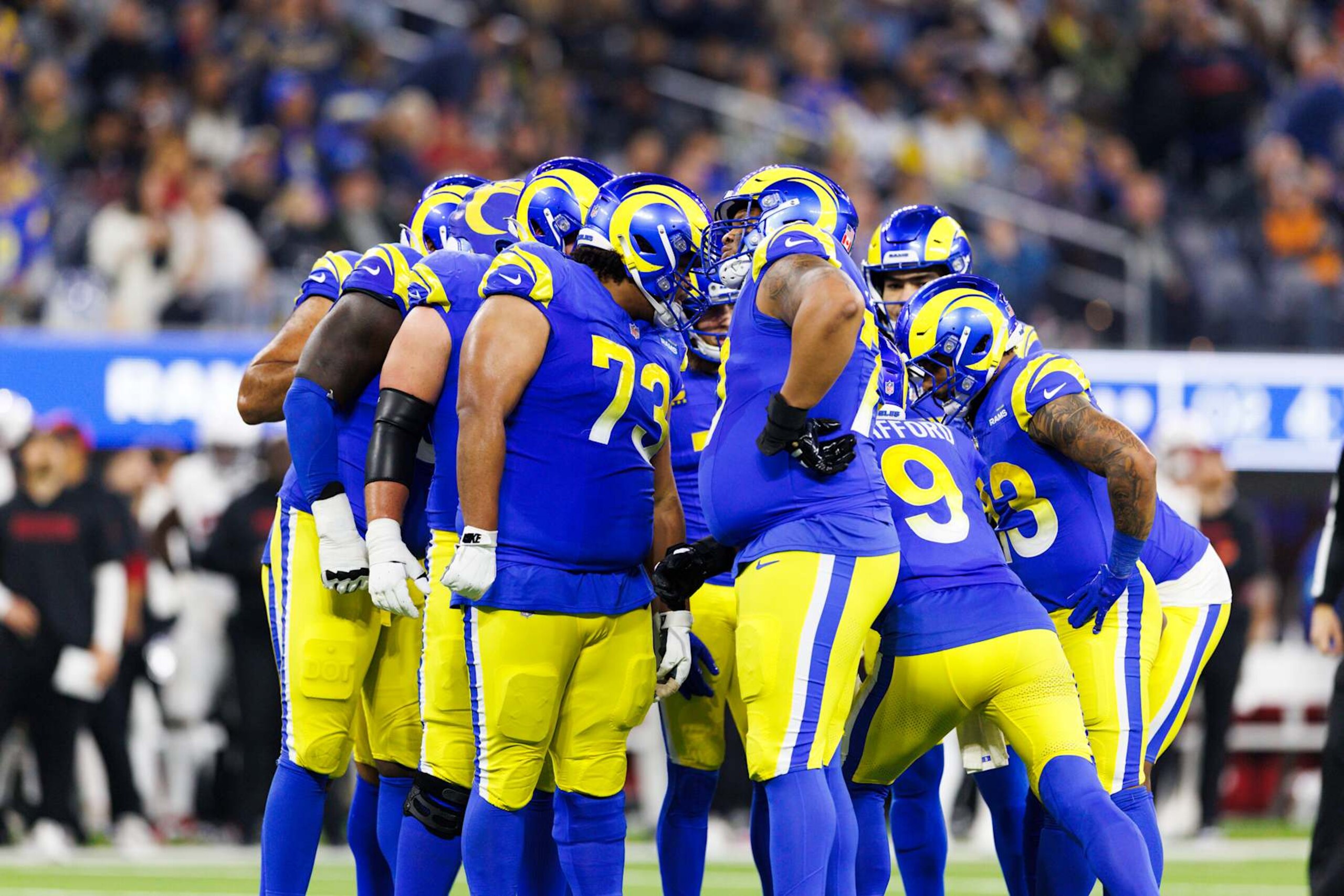 INGLEWOOD, CALIFORNIA - DECEMBER 28: Los Angeles Rams offensive unit group huddle during the first half against the Arizona Cardinals at SoFi Stadium on December 28, 2024 in Inglewood, California. (Photo by Ric Tapia/Getty Images) INGLEWOOD, CALIFORNIA - DECEMBER 28: Los Angeles Rams offensive unit group huddle during the first half against the Arizona Cardinals at SoFi Stadium on December 28, 2024 in Inglewood, California. (Photo by Ric Tapia/Getty Images)
