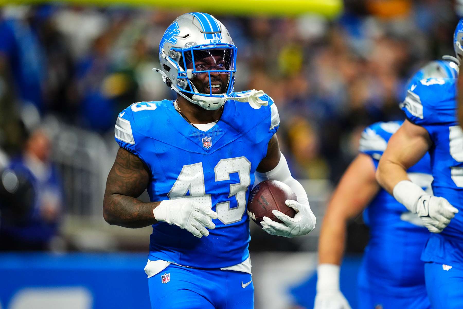 DETROIT, MI - DECEMBER 05: David Long Jr. #43 of the Detroit Lions celebrates during an NFL football game against the Green Bay Packers at Ford Field on December 5, 2024 in Detroit, Michigan. (Photo by Cooper Neill/Getty Images)