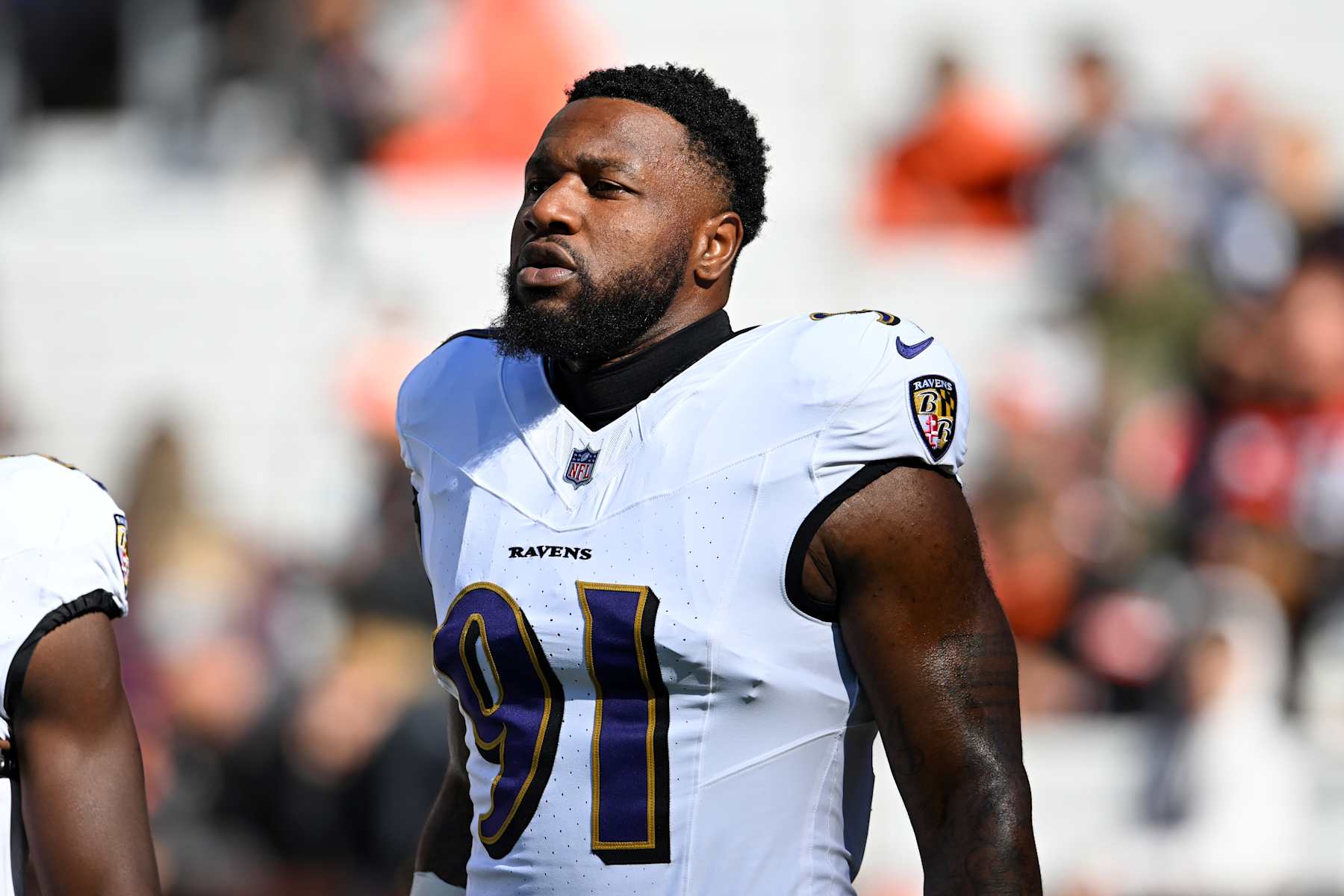 CLEVELAND, OHIO - OCTOBER 27: Yannick Ngakoue #91 of the Baltimore Ravens looks on prior to a game against the Cleveland Browns at Huntington Bank Field on October 27, 2024 in Cleveland, Ohio. (Photo by Nick Cammett/Diamond Images via Getty Images)