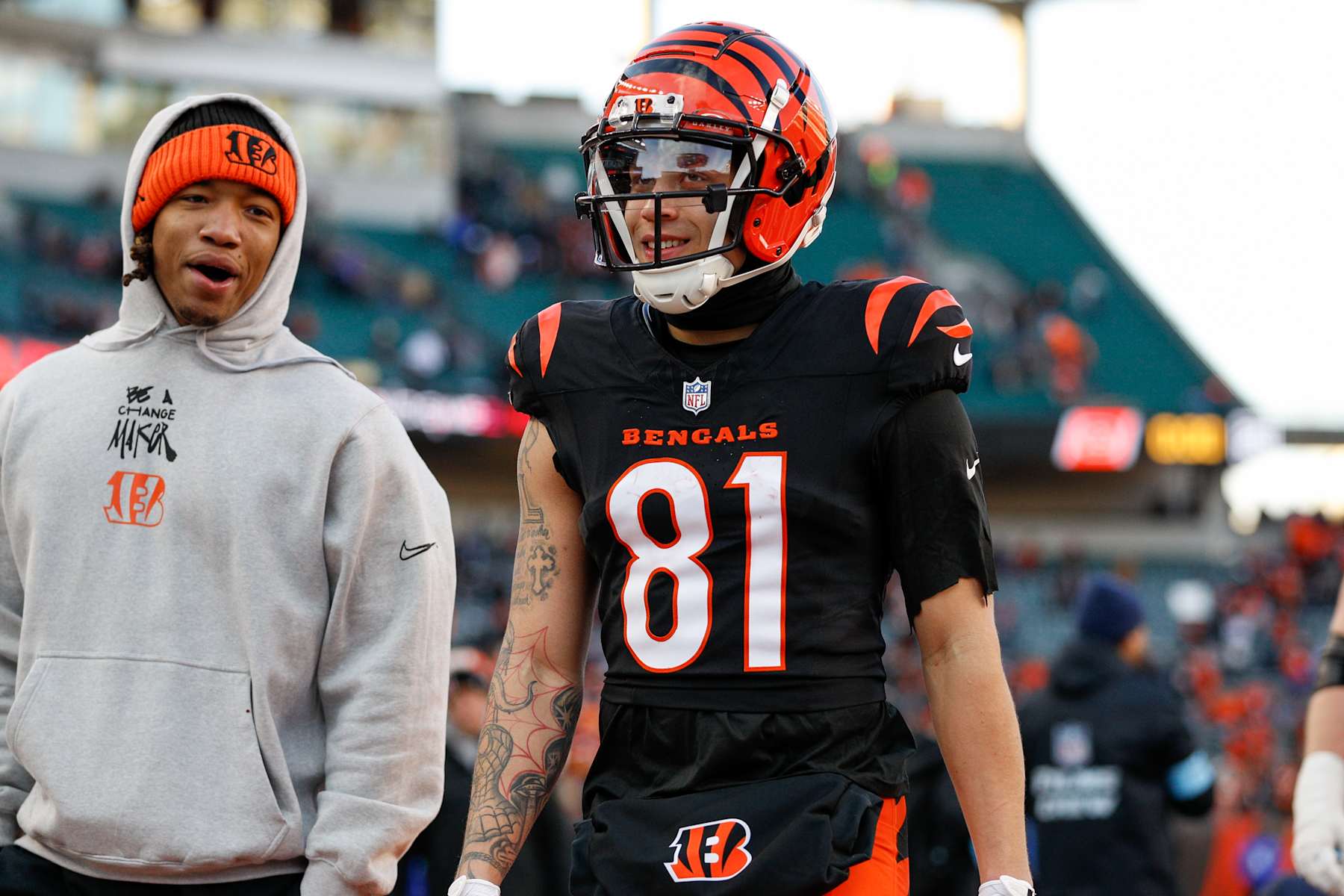 CINCINNATI, OH - DECEMBER 22: Cincinnati Bengals wide receiver Jermaine Burton (81) walks off the field after the game against the Cleveland Browns and the Cincinnati Bengals on December 22, 2024, at Paycor Stadium in Cincinnati, OH. (Photo by Ian Johnson/Icon Sportswire via Getty Images)