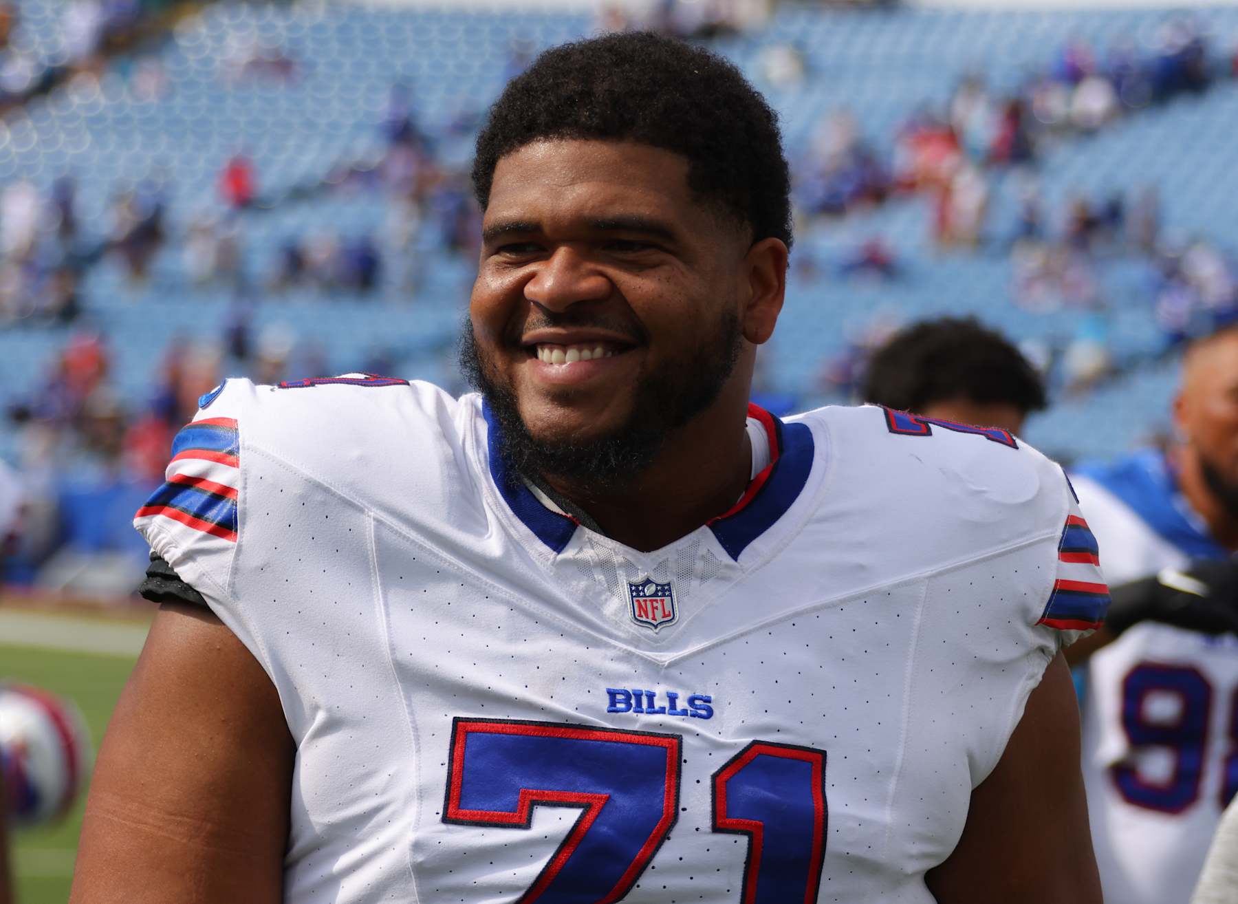 ORCHARD PARK, NEW YORK - AUGUST 24: La'el Collins #71 of the Buffalo Bills looks on after a preseason game against the Carolina Panthers at Highmark Stadium on August 24, 2024 in Orchard Park, New York. (Photo by Timothy T Ludwig/Getty Images)