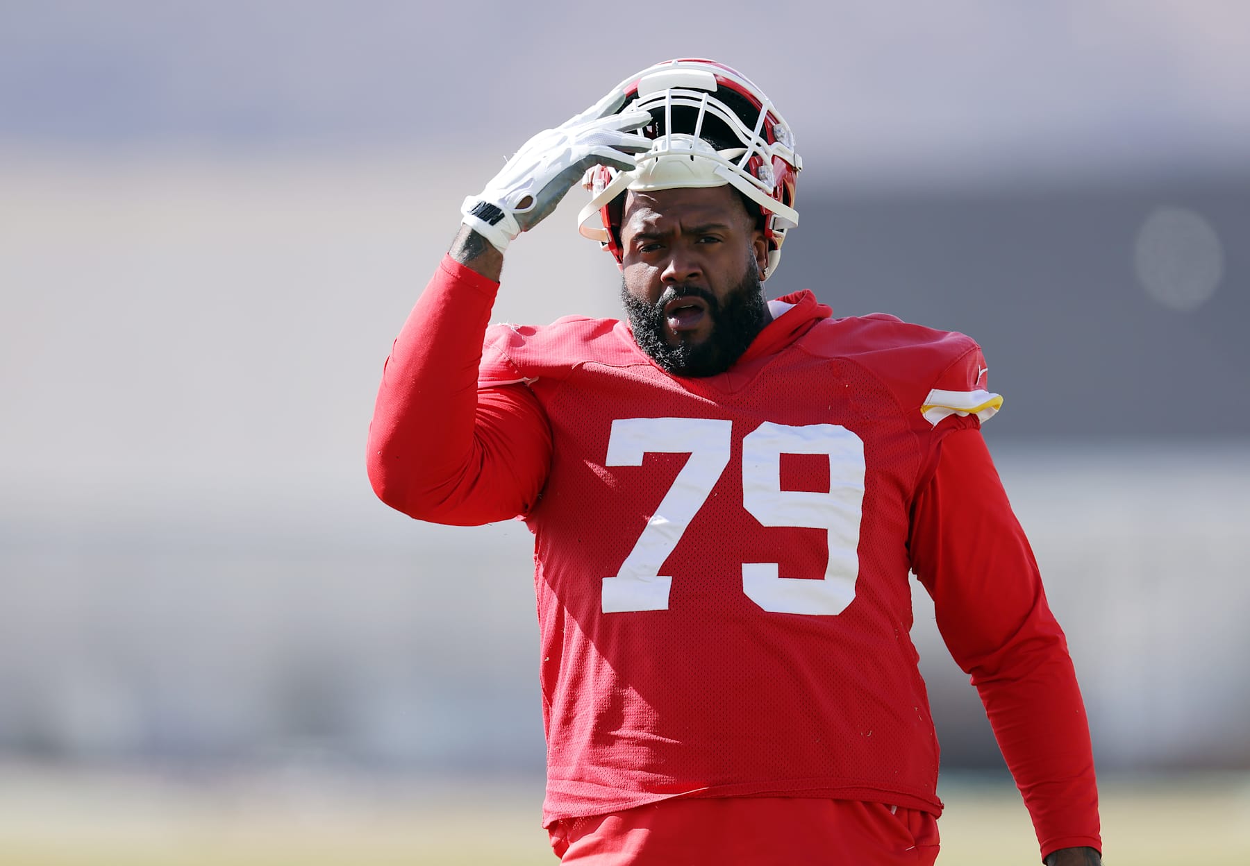HENDERSON, NEVADA - FEBRUARY 09:  Offensive tackle Donovan Smith #79 warms up during Kansas City Chiefs practice ahead of Super Bowl LVIII at the Las Vegas Raiders Headquarters/Intermountain Healthcare Performance Center on February 09, 2024 in Henderson, Nevada. (Photo by Jamie Squire/Getty Images)