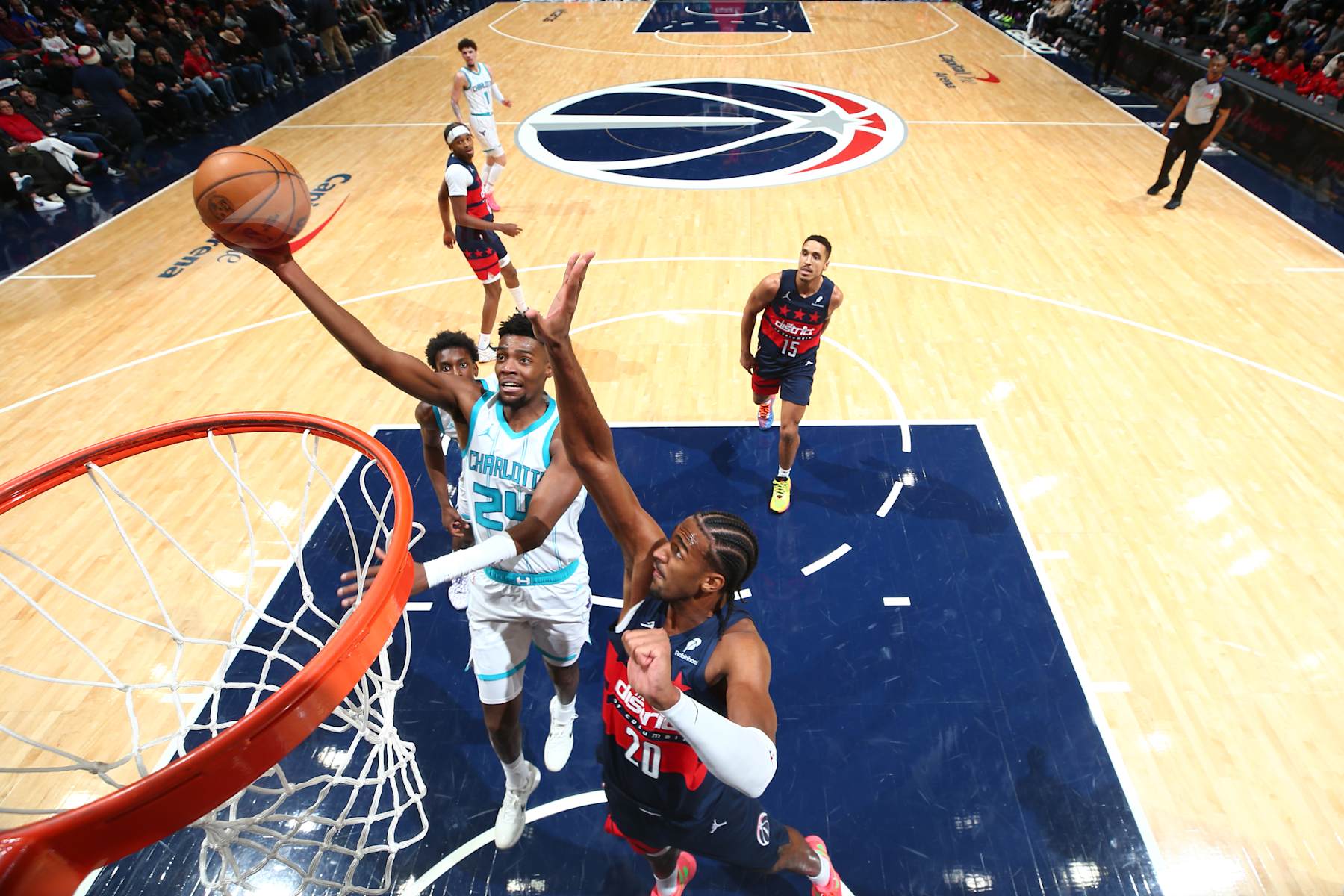 WASHINGTON, DC -  DECEMBER 26: Brandon Miller #24 of the Charlotte Hornets drives to the basket during the game against the Washington Wizards on December 26, 2024 at Capital One Arena in Washington, DC. NOTE TO USER: User expressly acknowledges and agrees that, by downloading and or using this Photograph, user is consenting to the terms and conditions of the Getty Images License Agreement. Mandatory Copyright Notice: Copyright 2024 NBAE (Photo by Stephen Gosling/NBAE via Getty Images)