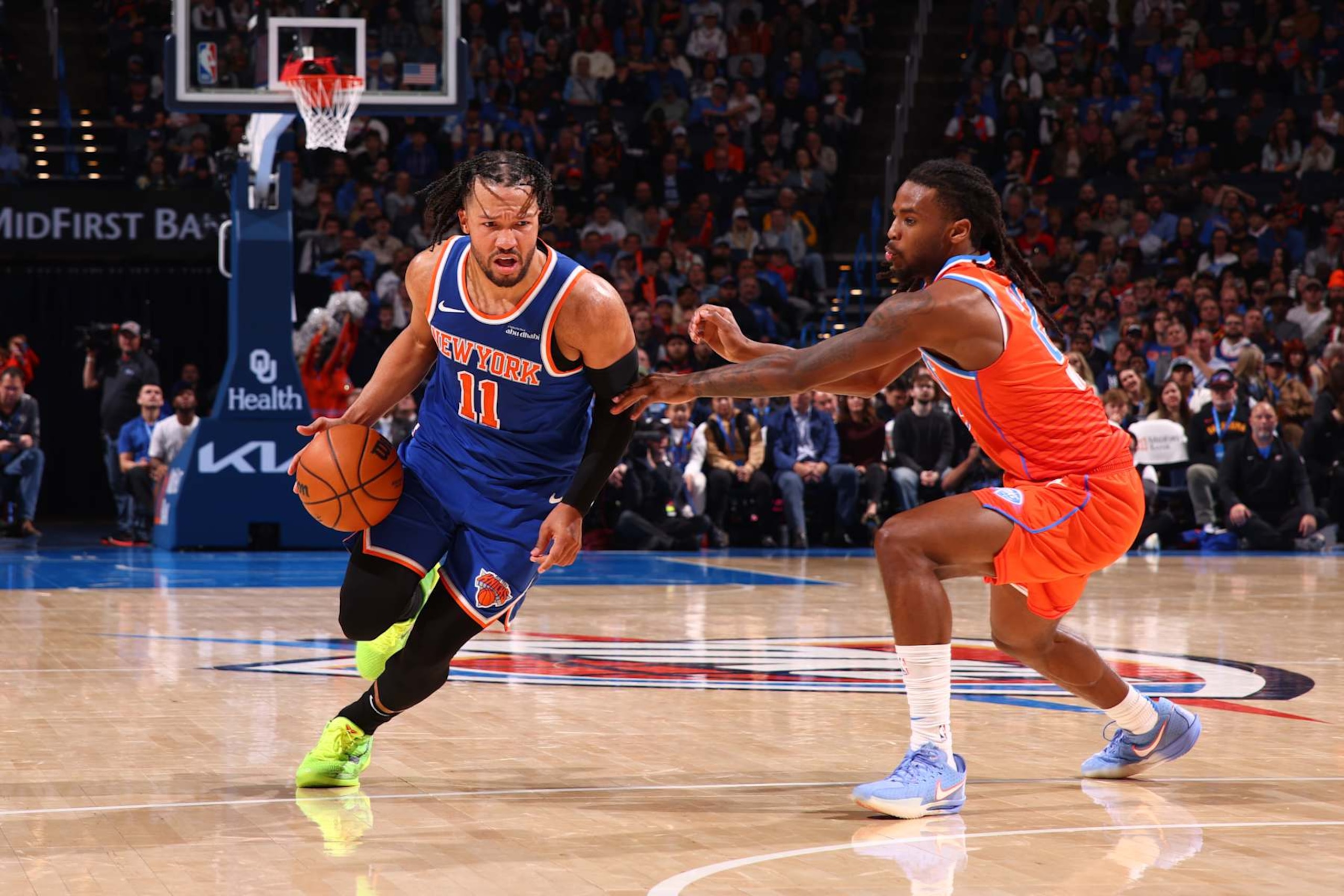 OKLAHOMA CITY, OK - JANUARY 3: Jalen Brunson #11 of the New York Knicks dribbles the ball during the game against the Oklahoma City Thunderon January 3, 2025 at Paycom Center in Oklahoma City, Oklahoma. NOTE TO USER: User expressly acknowledges and agrees that, by downloading and or using this photograph, User is consenting to the terms and conditions of the Getty Images License Agreement. Mandatory Copyright Notice: Copyright 2025 NBAE (Photo by Zach Beeker/NBAE via Getty Images) OKLAHOMA CITY, OK - JANUARY 3: Jalen Brunson #11 of the New York Knicks dribbles the ball during the game against the Oklahoma City Thunderon January 3, 2025 at Paycom Center in Oklahoma City, Oklahoma. NOTE TO USER: User expressly acknowledges and agrees that, by downloading and or using this photograph, User is consenting to the terms and conditions of the Getty Images License Agreement. Mandatory Copyright Notice: Copyright 2025 NBAE (Photo by Zach Beeker/NBAE via Getty Images)
