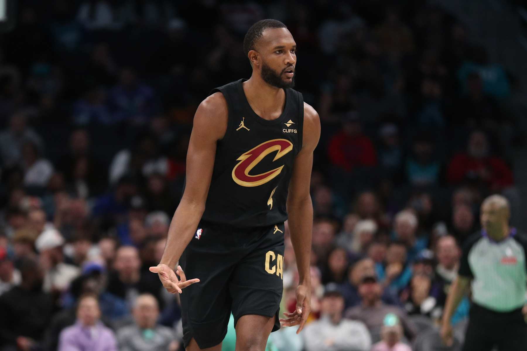CHARLOTTE, NC - DECEMBER 7: Evan Mobley #4 of the Cleveland Cavaliers celebrates during the game against the Charlotte Hornets on December 7, 2024 at Spectrum Center in Charlotte, North Carolina. NOTE TO USER: User expressly acknowledges and agrees that, by downloading and or using this photograph, User is consenting to the terms and conditions of the Getty Images License Agreement. Mandatory Copyright Notice: Copyright 2024 NBAE (Photo by Brock Williams-Smith/NBAE via Getty Images)