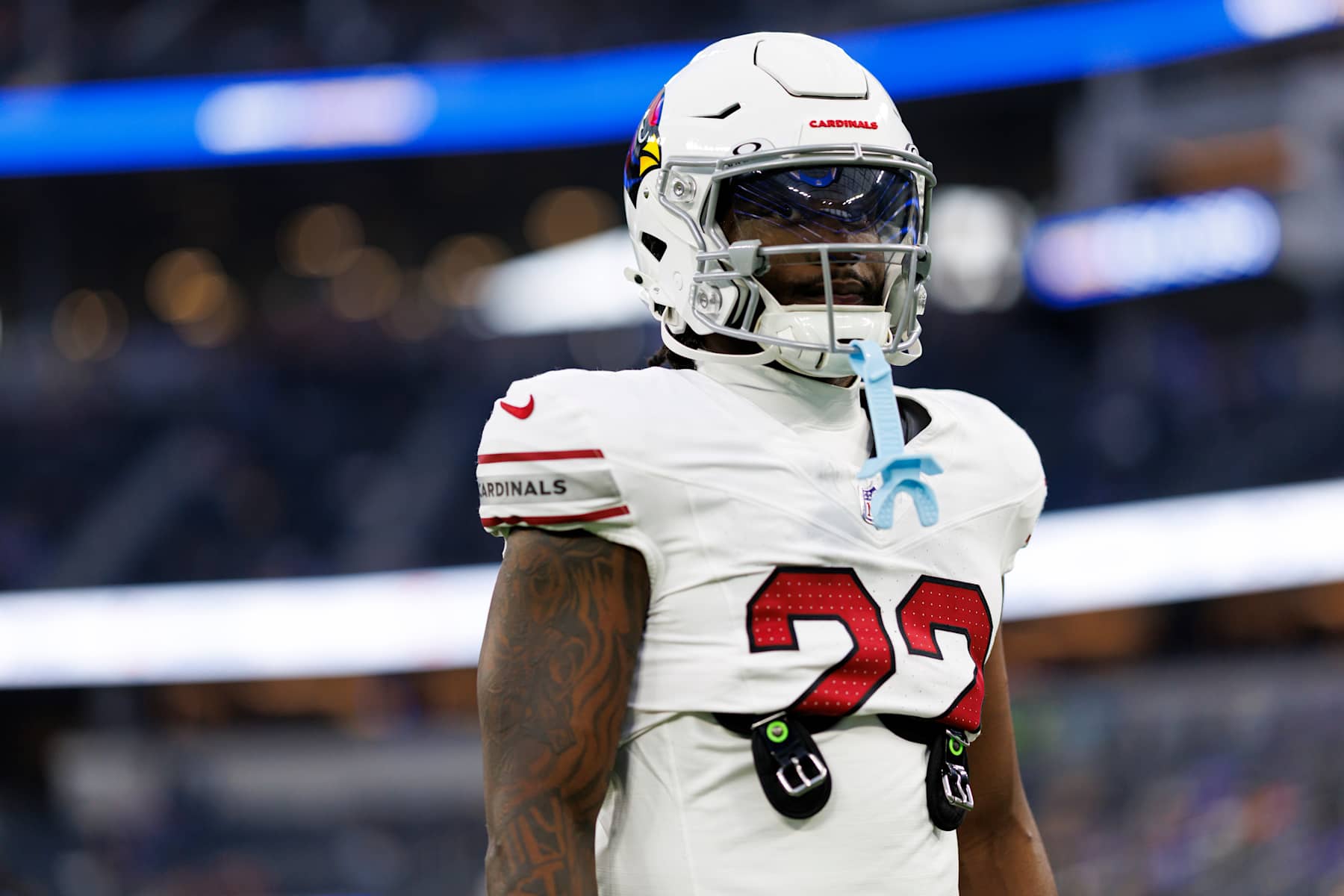 INGLEWOOD, CALIFORNIA - DECEMBER 28: Running back Michael Carter #22 of the Arizona Cardinals stands on the field prior to an NFL football game against the Los Angeles Rams, at SoFi Stadium on December 28, 2024 in Inglewood, California. (Photo by Brooke Sutton/Getty Images)