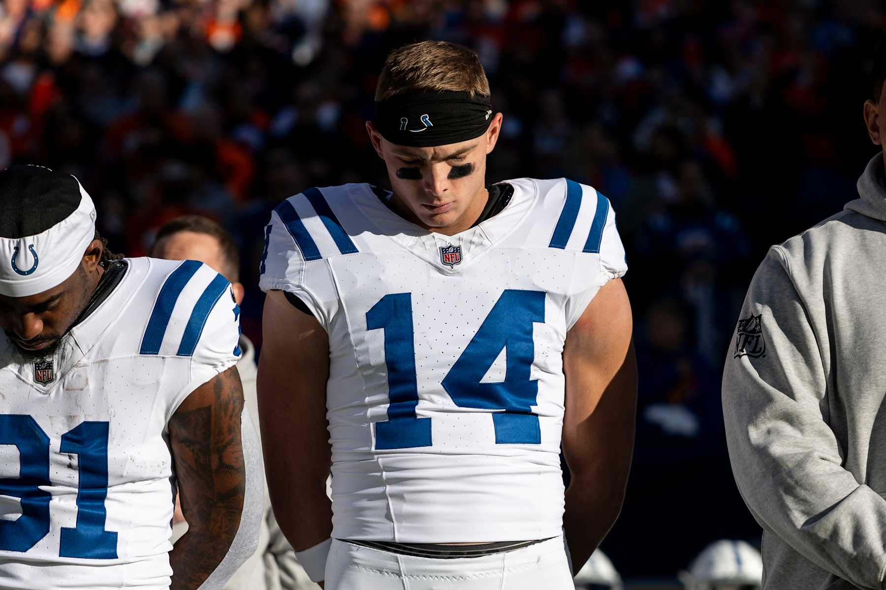 DENVER, COLORADO - DECEMBER 15: Alec Pierce #14 of the Indianapolis Colts looks on during the national anthem prior to an NFL Football game against the Denver Broncos at Empower Field At Mile High on December 15, 2024 in Denver, Colorado. (Photo by Michael Owens/Getty Images)