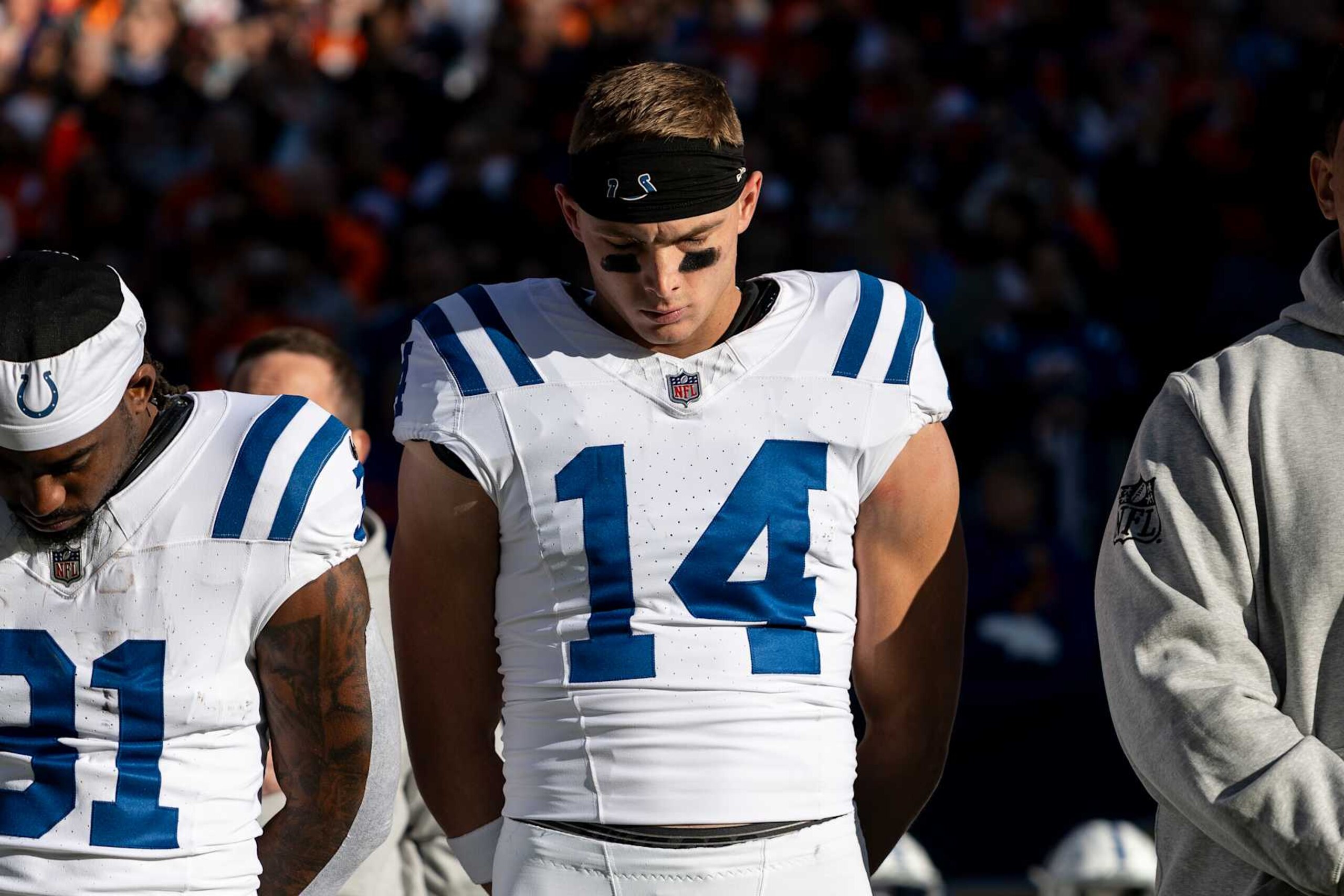 DENVER, COLORADO - DECEMBER 15: Alec Pierce #14 of the Indianapolis Colts looks on during the national anthem prior to an NFL Football game against the Denver Broncos at Empower Field At Mile High on December 15, 2024 in Denver, Colorado. (Photo by Michael Owens/Getty Images) DENVER, COLORADO - DECEMBER 15: Alec Pierce #14 of the Indianapolis Colts looks on during the national anthem prior to an NFL Football game against the Denver Broncos at Empower Field At Mile High on December 15, 2024 in Denver, Colorado. (Photo by Michael Owens/Getty Images)