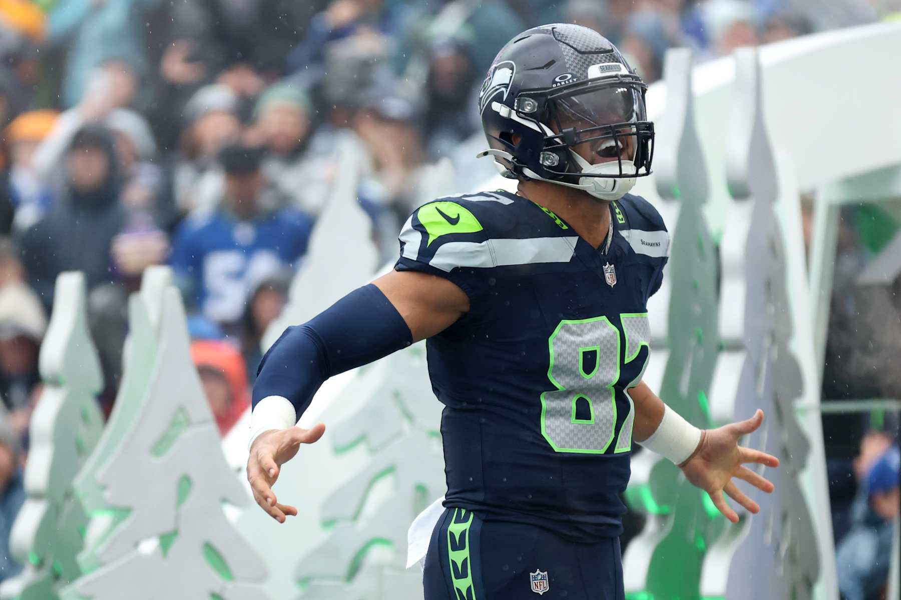 SEATTLE, WASHINGTON - DECEMBER 22: Noah Fant #87 of the Seattle Seahawks is introduced before the game against the Minnesota Vikings at Lumen Field on December 22, 2024 in Seattle, Washington. (Photo by Steph Chambers/Getty Images)