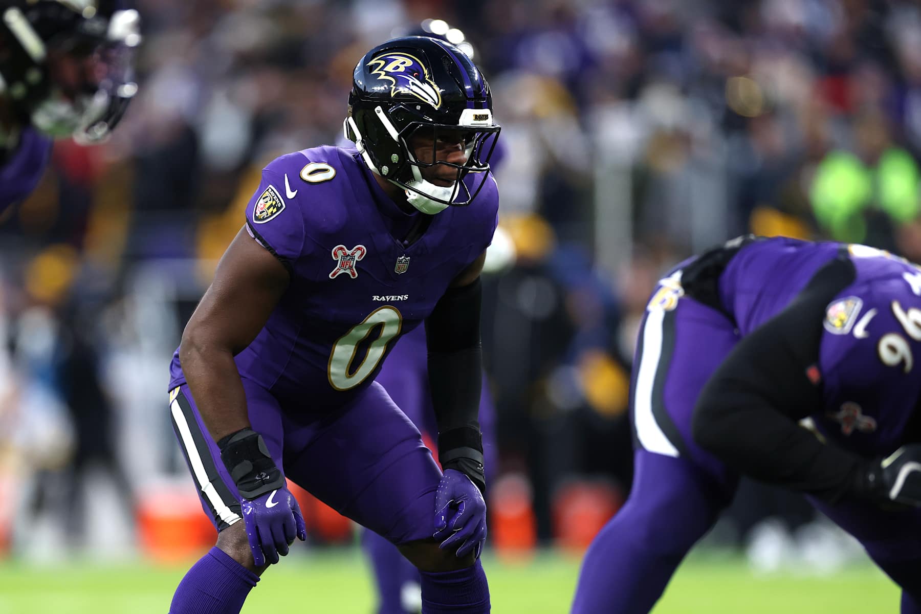 BALTIMORE, MARYLAND - DECEMBER 21: Roquan Smith #0 of the Baltimore Ravens looks on during the first quarter against the Pittsburgh Steelers at M&T Bank Stadium on December 21, 2024 in Baltimore, Maryland. (Photo by Patrick Smith/Getty Images)