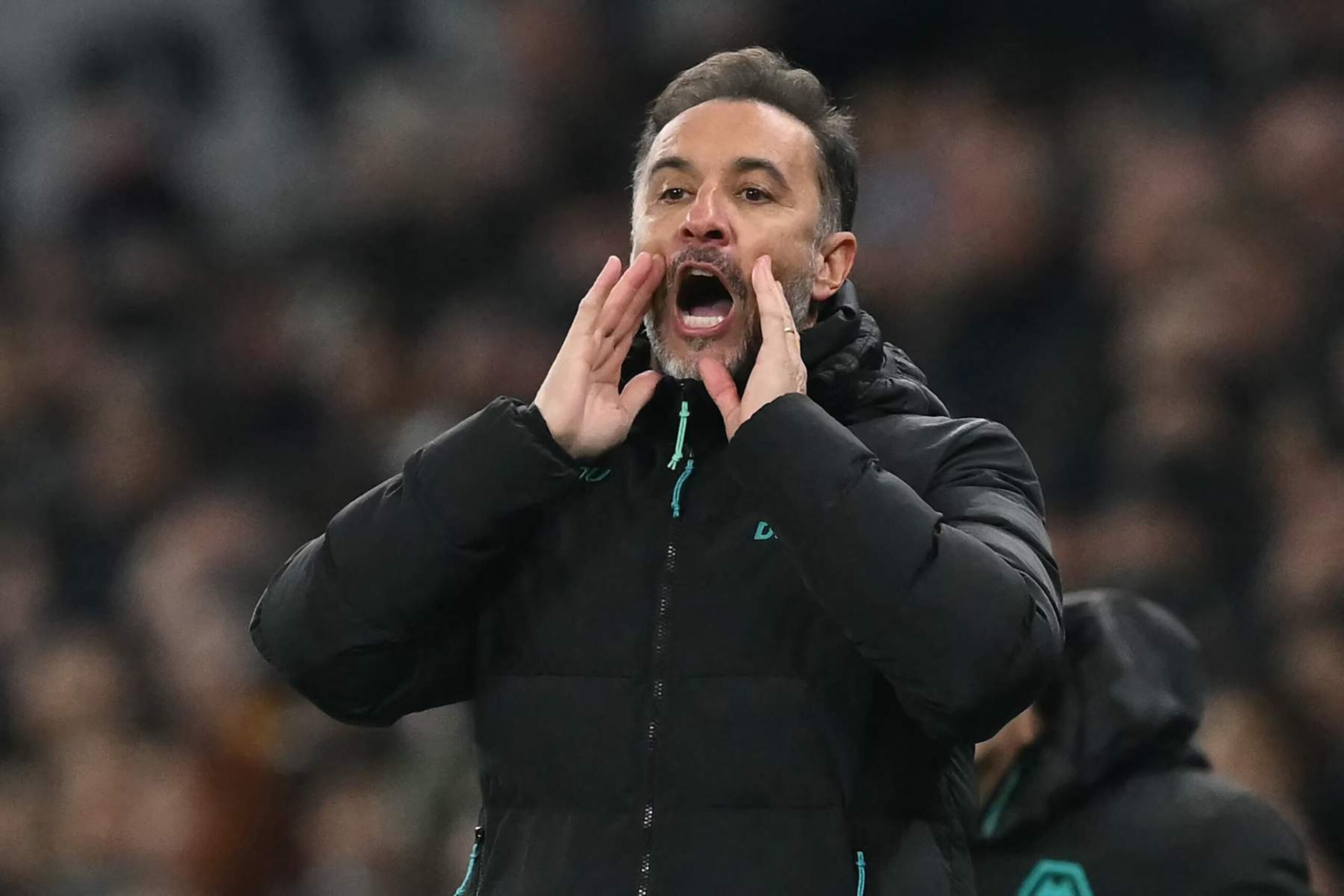 Wolverhampton Wanderers' Portuguese head coach Vitor Pereira gestures on the touchline during the English Premier League football match between Tottenham Hotspur and Wolverhampton Wanderers at the Tottenham Hotspur Stadium in London, on December 29, 2024. (Photo by Glyn KIRK / AFP) / RESTRICTED TO EDITORIAL USE. No use with unauthorized audio, video, data, fixture lists, club/league logos or 'live' services. Online in-match use limited to 120 images. An additional 40 images may be used in extra time. No video emulation. Social media in-match use limited to 120 images. An additional 40 images may be used in extra time. No use in betting publications, games or single club/league/player publications. /  (Photo by GLYN KIRK/AFP via Getty Images)