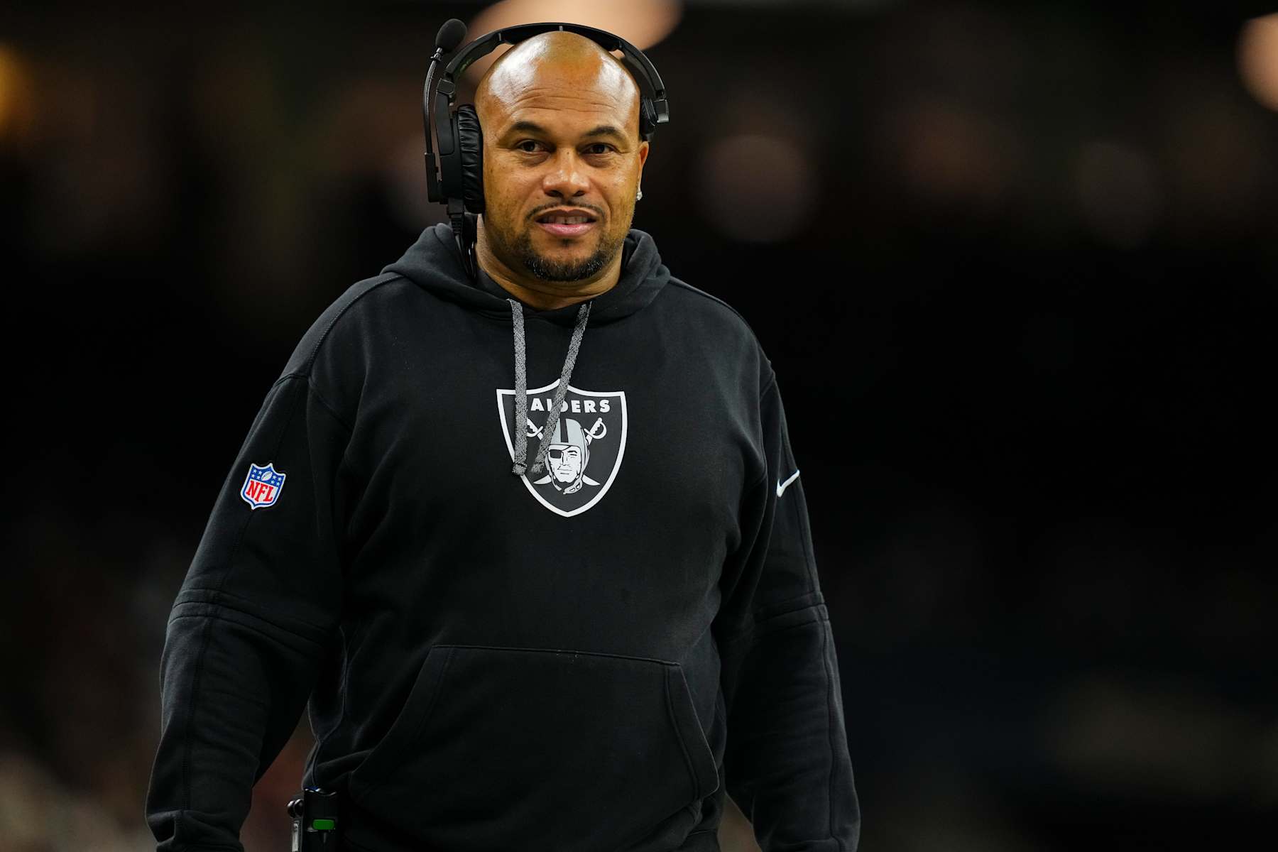 NEW ORLEANS, LA - DECEMBER 29: Las Vegas Raiders head coach Antonio Pierce looks on from the sideline during an NFL football game against the New Orleans Saints at Caesars Superdome on December 29, 2024 in New Orleans, Louisiana. (Photo by Cooper Neill/Getty Images)