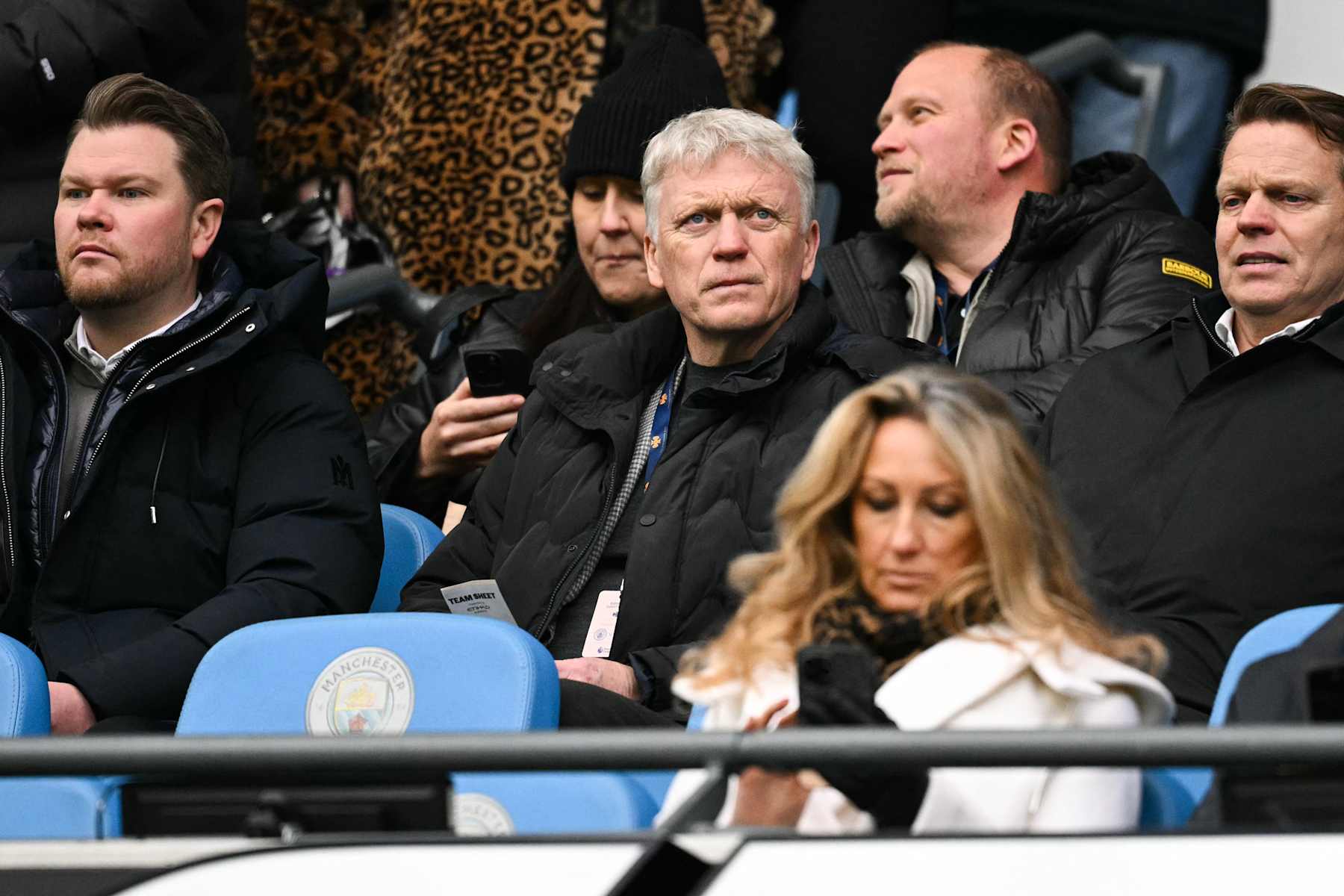 West Ham United's former manager David Moyes reacts from the stands during the English Premier League football match between Manchester City and West Ham United at the Etihad Stadium in Manchester, north west England, on January 4, 2025. (Photo by Oli SCARFF / AFP) / RESTRICTED TO EDITORIAL USE. No use with unauthorized audio, video, data, fixture lists, club/league logos or 'live' services. Online in-match use limited to 120 images. An additional 40 images may be used in extra time. No video emulation. Social media in-match use limited to 120 images. An additional 40 images may be used in extra time. No use in betting publications, games or single club/league/player publications. /  (Photo by OLI SCARFF/AFP via Getty Images)