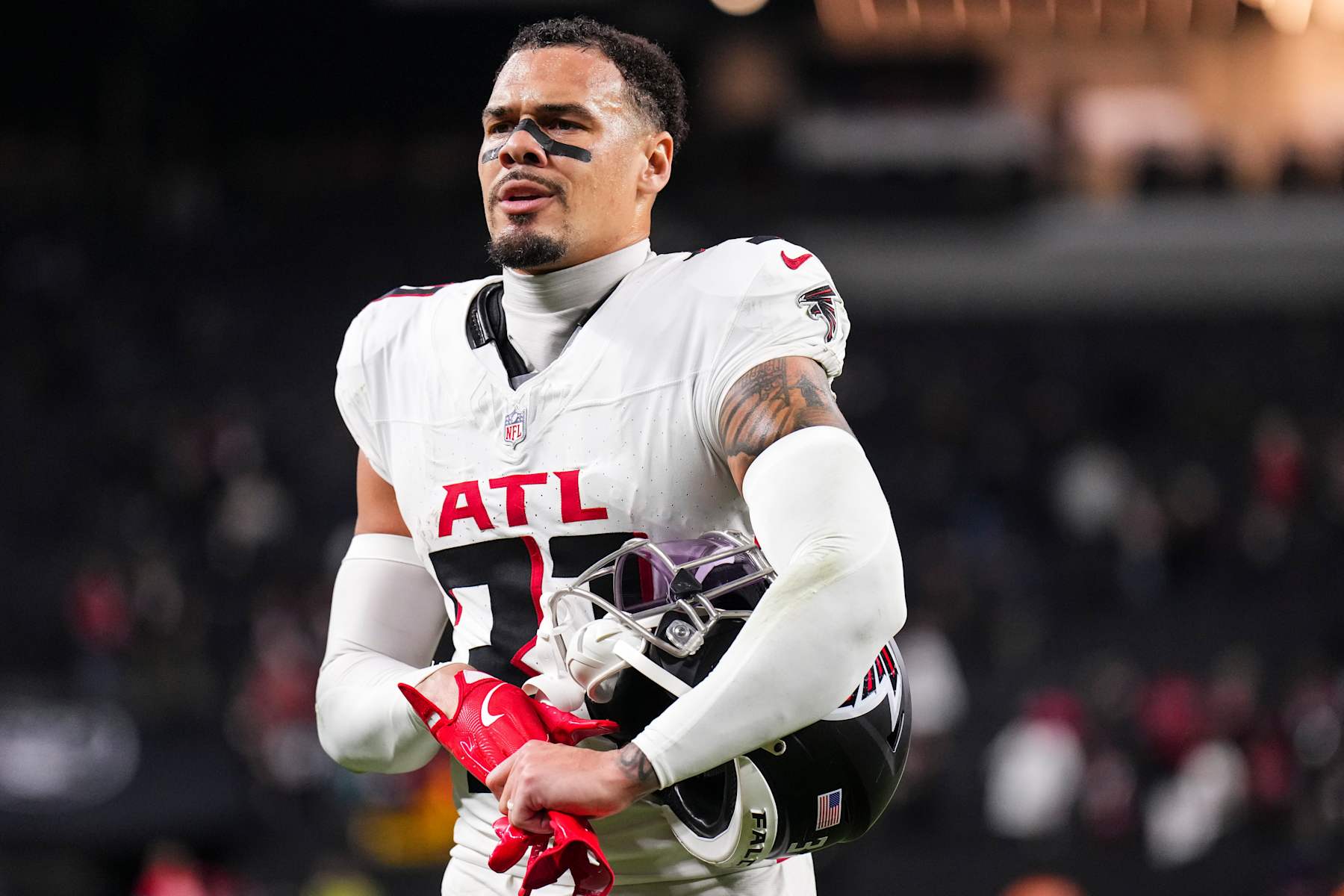 LAS VEGAS, NV - DECEMBER 16: Justin Simmons #31 of the Atlanta Falcons celebrates after an NFL football game against the Las Vegas Raiders at Allegiant Stadium on December 16, 2024 in Las Vegas, Nevada. (Photo by Cooper Neill/Getty Images)