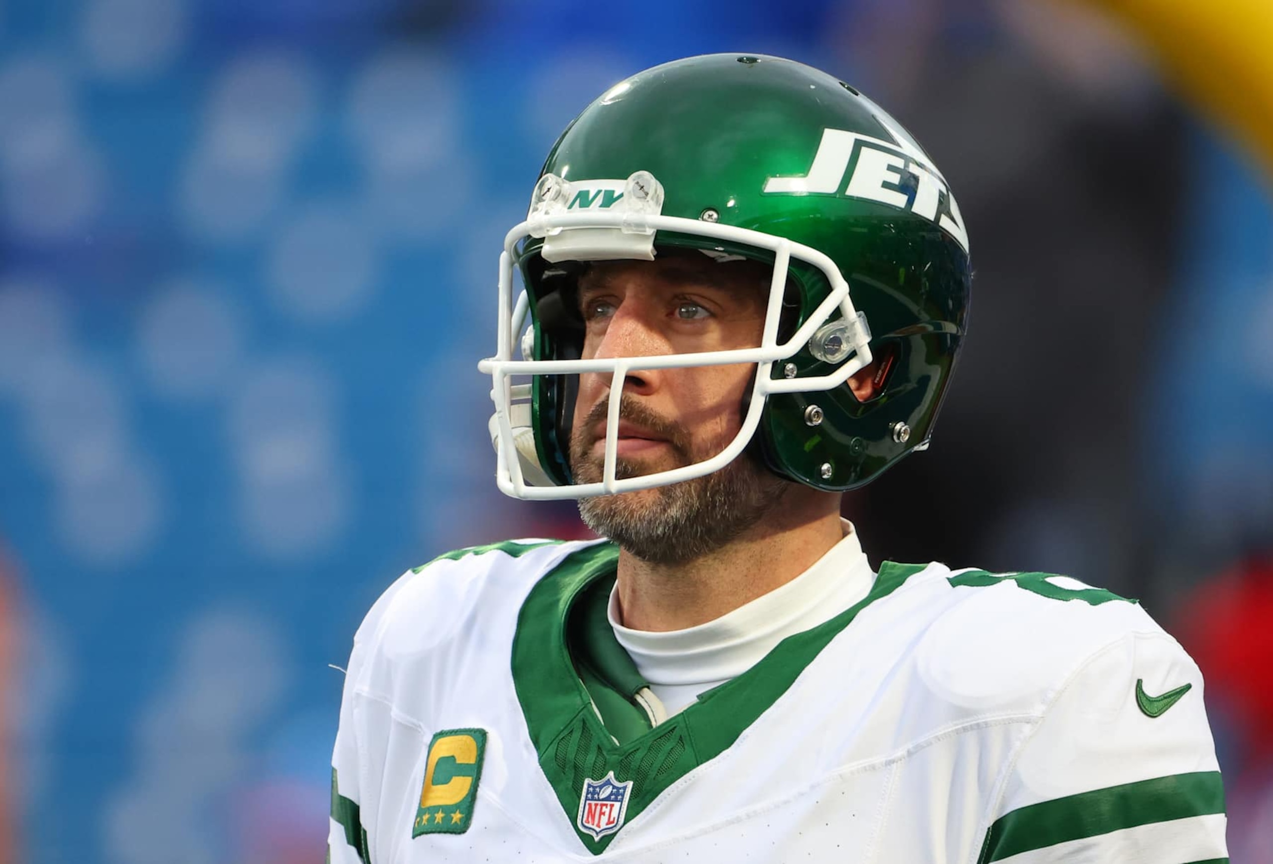 ORCHARD PARK, NEW YORK - DECEMBER 29: Aaron Rodgers #8 of the New York Jets on the field before a game against the Buffalo Bills at Highmark Stadium on December 29, 2024 in Orchard Park, New York. (Photo by Timothy T Ludwig/Getty Images) ORCHARD PARK, NEW YORK - DECEMBER 29: Aaron Rodgers #8 of the New York Jets on the field before a game against the Buffalo Bills at Highmark Stadium on December 29, 2024 in Orchard Park, New York. (Photo by Timothy T Ludwig/Getty Images)