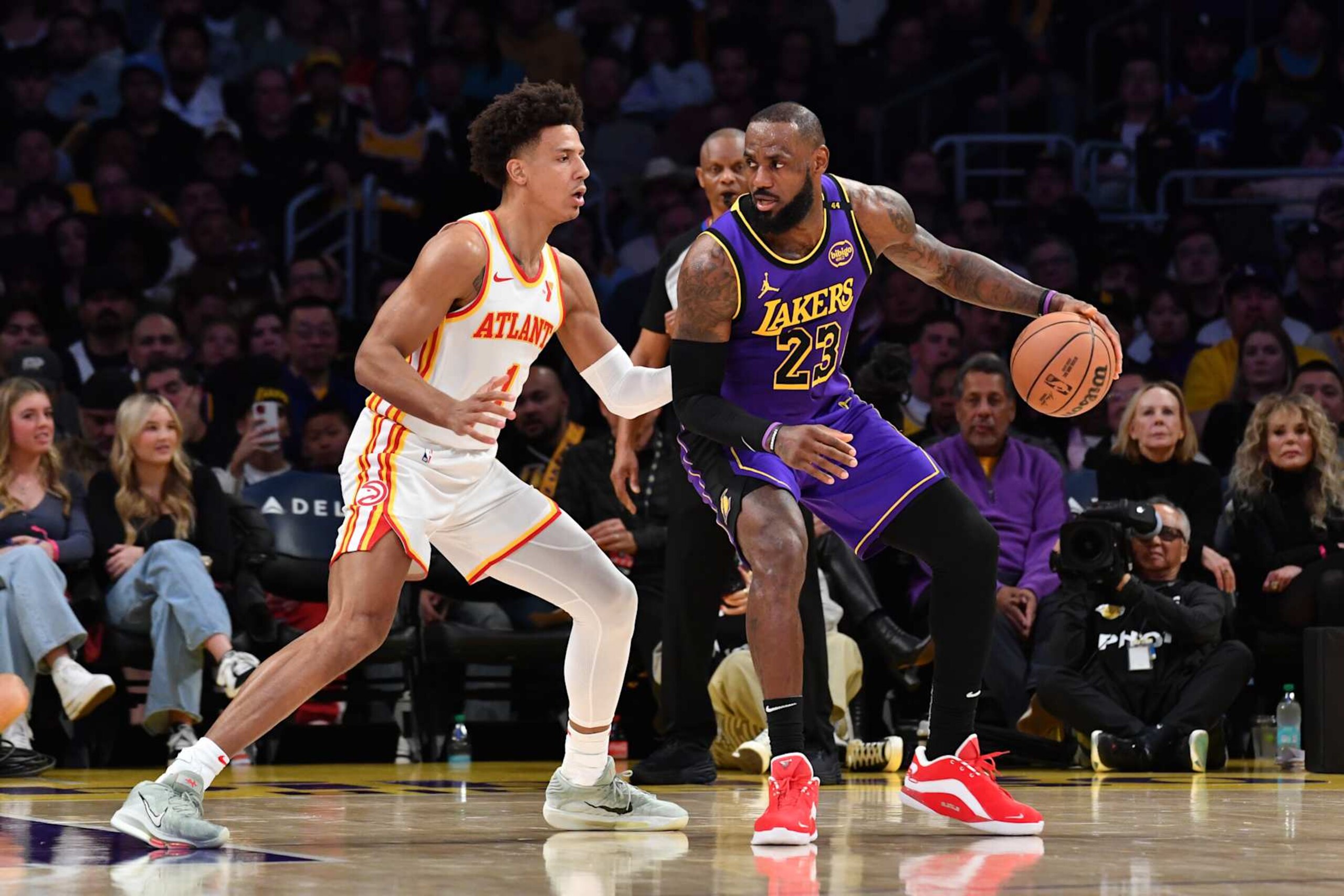 LOS ANGELES, CA - JANUARY 3:  LeBron James #23 of the Los Angeles Lakers dribbles the ball during the game against the Atlanta Hawks on January 3, 2025 at Crypto.Com Arena in Los Angeles, California. NOTE TO USER: User expressly acknowledges and agrees that, by downloading and/or using this Photograph, user is consenting to the terms and conditions of the Getty Images License Agreement. Mandatory Copyright Notice: Copyright 2025 NBAE (Photo by Juan Ocampo/NBAE via Getty Images)
