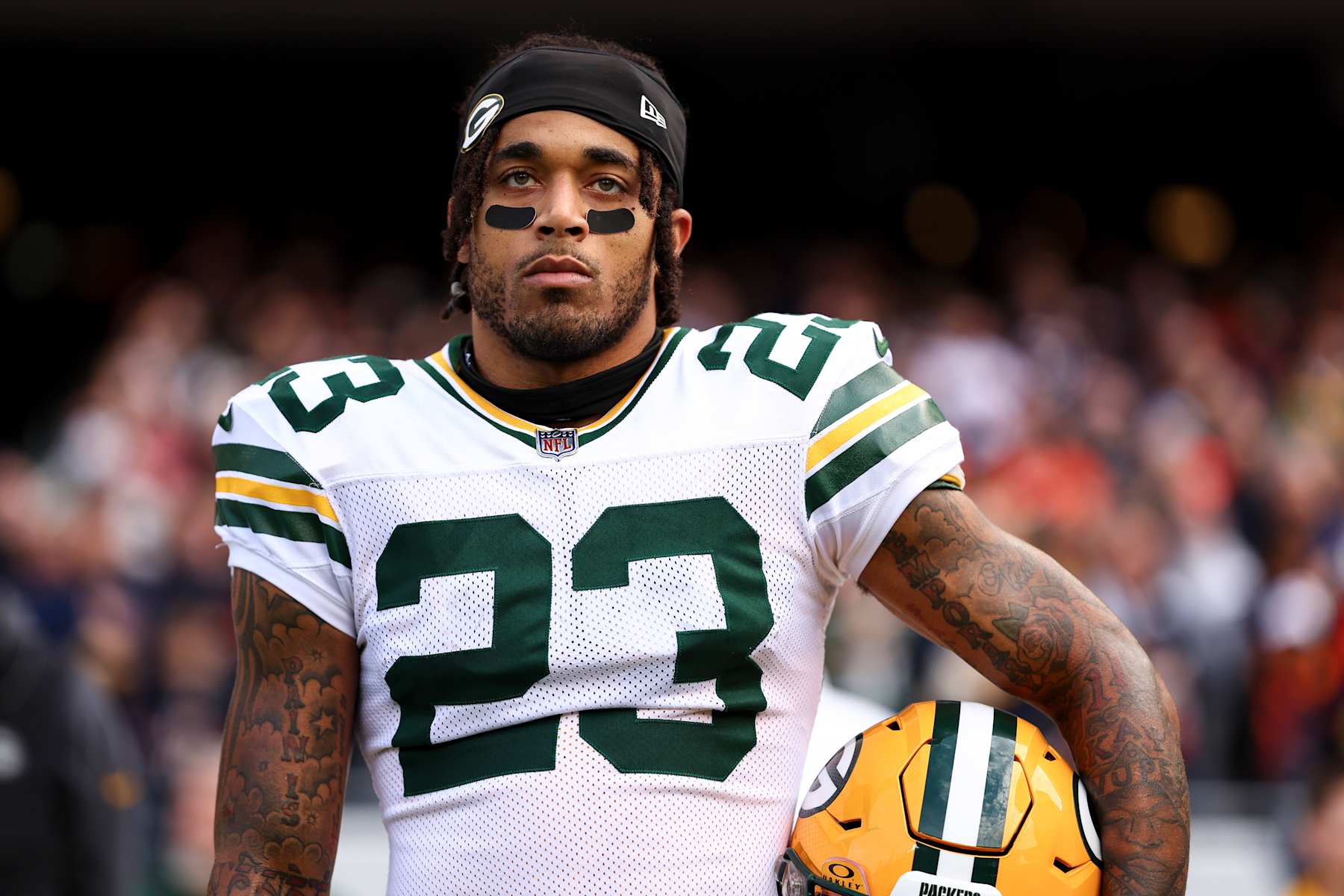CHICAGO, ILLINOIS - NOVEMBER 17: Jaire Alexander #23 of the Green Bay Packers stands on the sidelines during the national anthem prior to an NFL football game against the Chicago Bears at Soldier Field on November 17, 2024 in Chicago, Illinois. (Photo by Kevin Sabitus/Getty Images)
