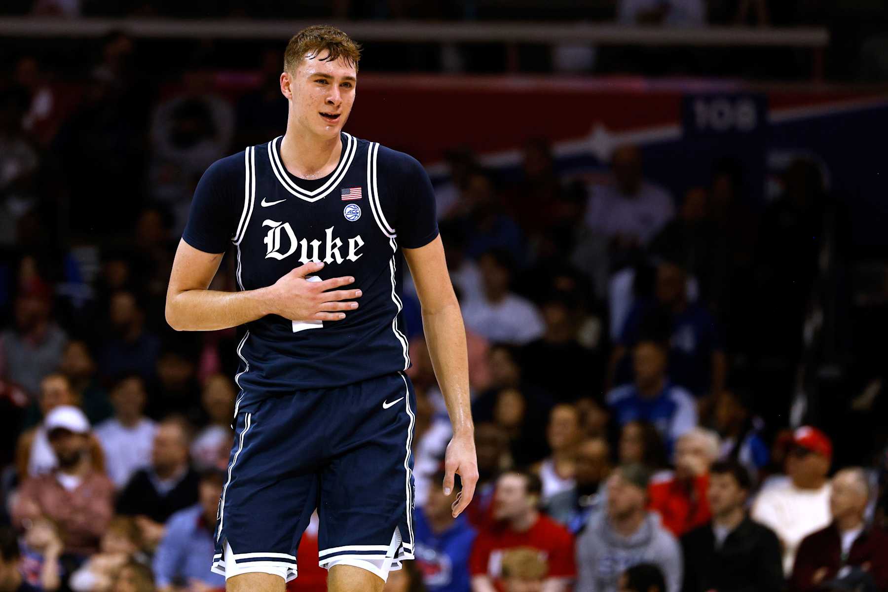 DALLAS, TEXAS - JANUARY 4: Cooper Flagg #2 of the Duke Blue Devils reacts against the SMU Mustangs during the first half of the game at Moody Coliseum on January 4, 2025 in Dallas, Texas. (Photo by Lance King/Getty Images)