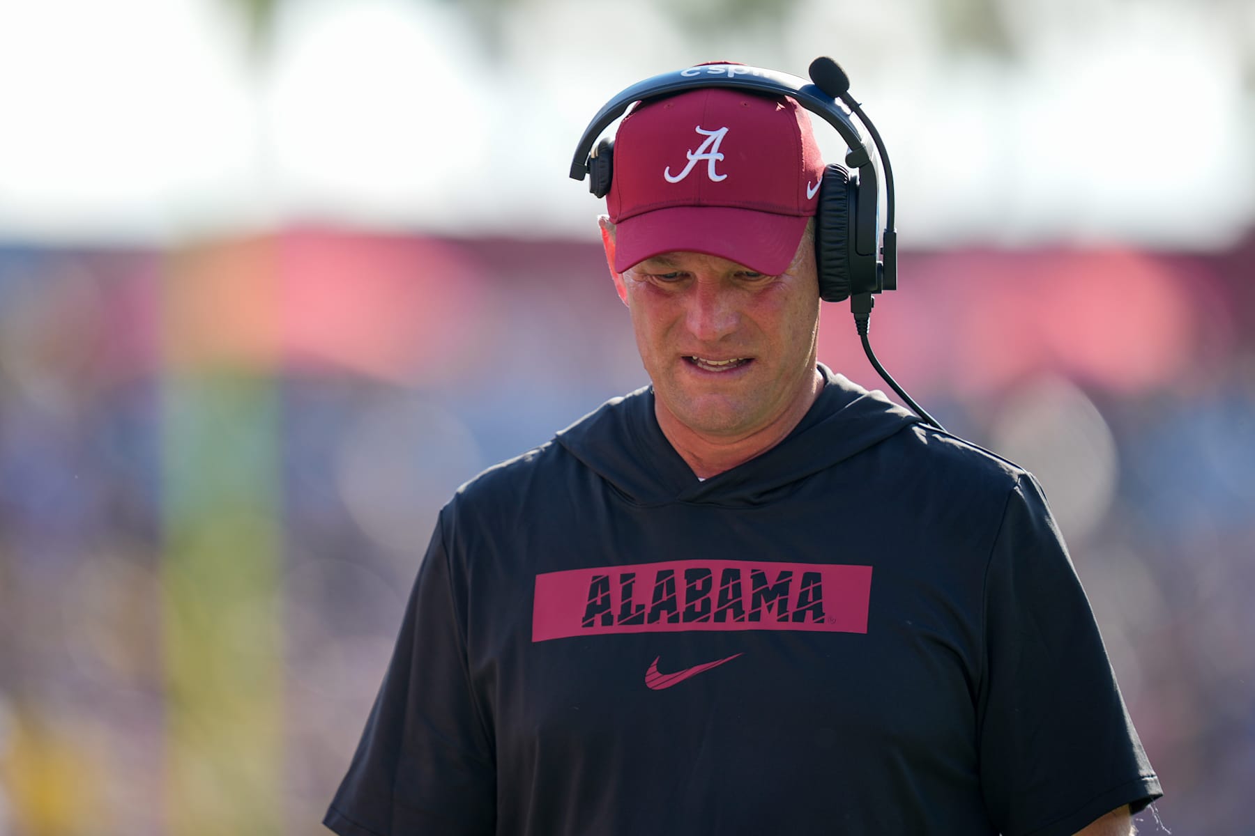 TAMPA, FL - DECEMBER 31: Alabama Crimson Tide head coach Kalen DeBoer looks down during the ReliaQuest Bowl between the Alabama Crimson Tide and the Michigan Wolverines, December 31, 2024 at Raymond James Stadium in Tampa, Florida. (Photo by Ricky Bowden/Icon Sportswire via Getty Images)