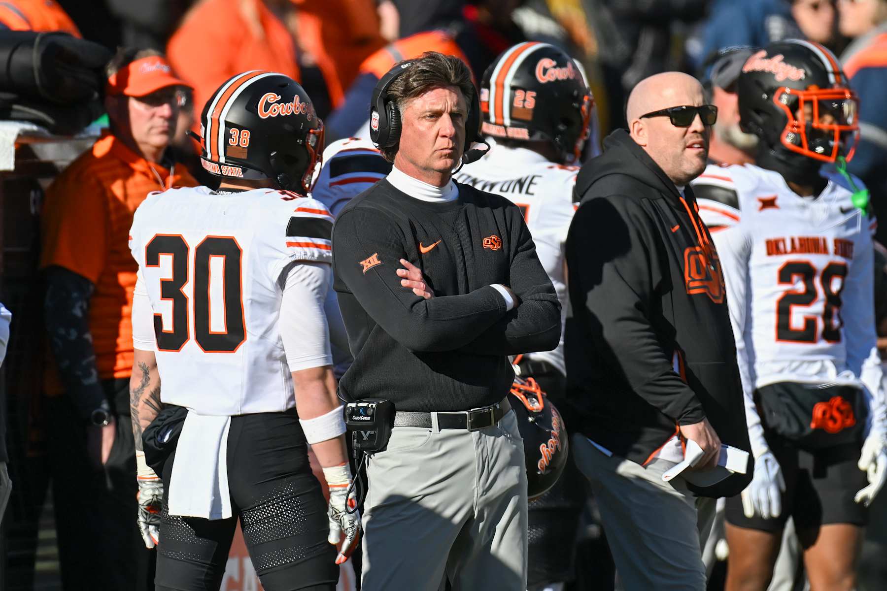 BOULDER, CO - NOVEMBER 29: Oklahoma State head coach Mike Gundy on the sidelines during the college football game between the Oklahoma State University Cowboys and the University of Colorado Buffaloes on November 29, 2024 at Folsom Field in Boulder, CO. (Photo by Kevin Langley/Icon Sportswire via Getty Images)