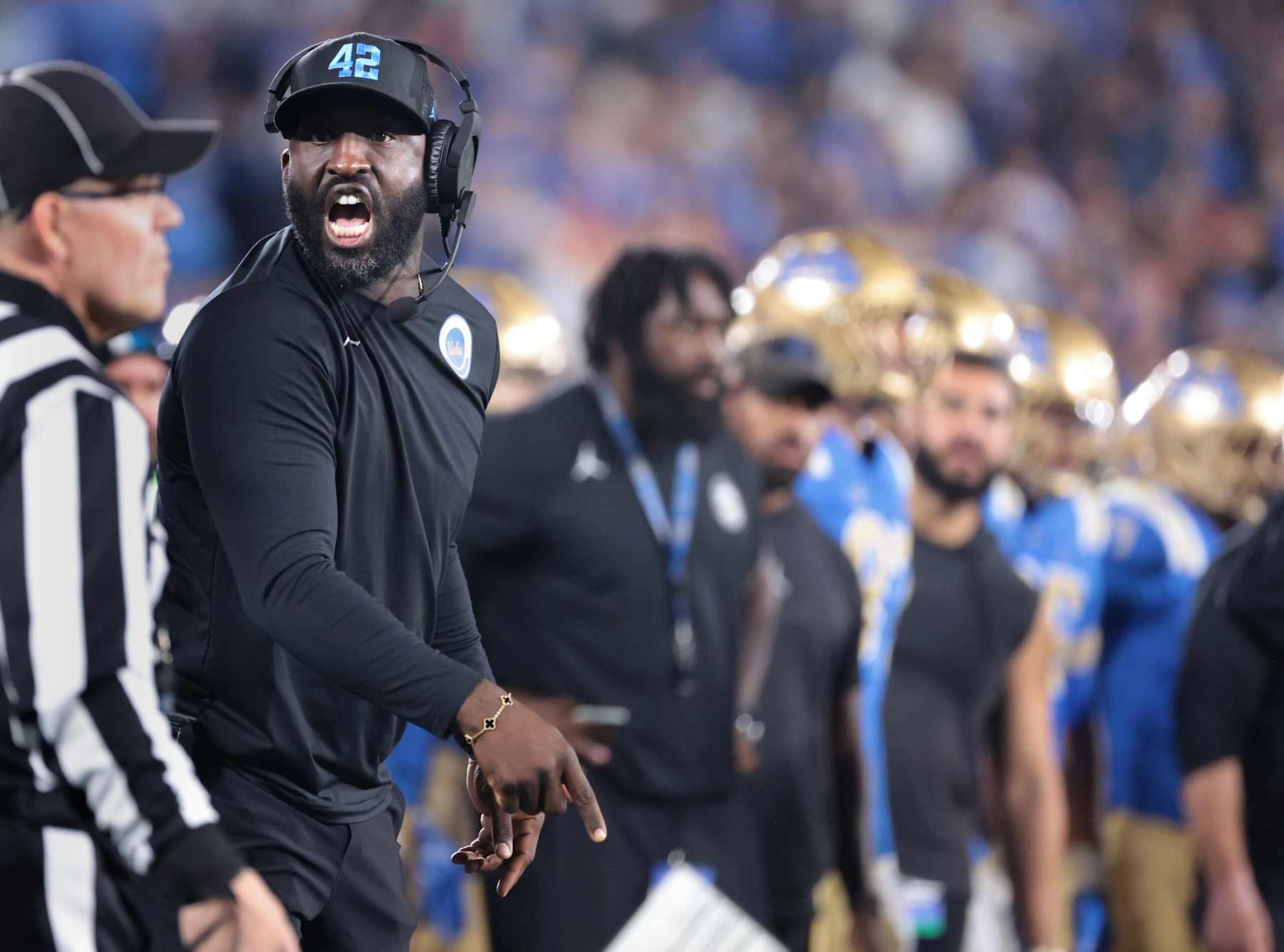 Pasadena, California November 23, 2024- UCLA head coach DeShaun Foster argues with a referee against USC at the Rose Bowl Saturday. (Wally Skalij/Los Angeles Times via Getty Images)