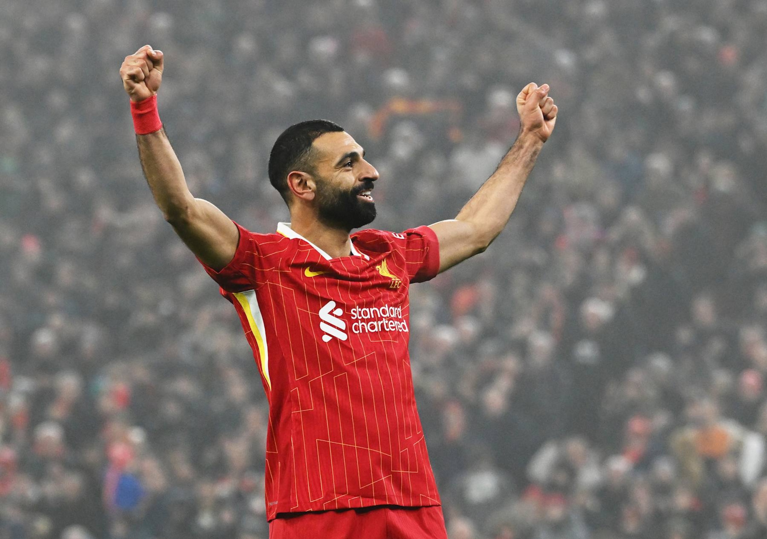 LIVERPOOL, ENGLAND - DECEMBER 26: (THE SUN OUT, THE SUN ON SUNDAY OUT) Mohamed Salah of Liverpool celebrates scoring his team's third goal during the Premier League match between Liverpool FC and Leicester City FC at Anfield on December 26, 2024 in Liverpool, England. (Photo by Liverpool FC/Liverpool FC via Getty Images)