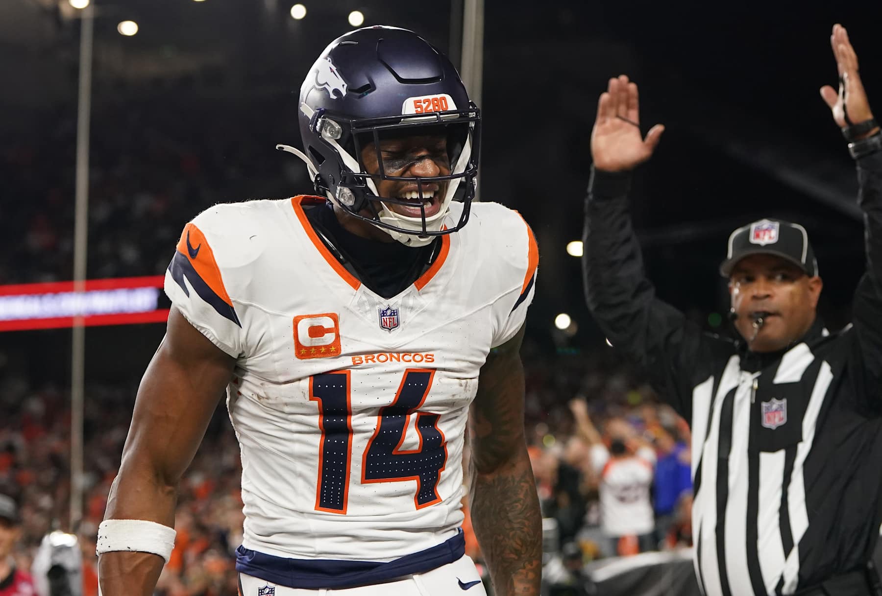 CINCINNATI, OHIO - DECEMBER 28: Courtland Sutton #14 of the Denver Broncos celebrates after a touchdown catch during the third quarter against the Cincinnati Bengals at Paycor Stadium on December 28, 2024 in Cincinnati, Ohio. (Photo by Dylan Buell/Getty Images)