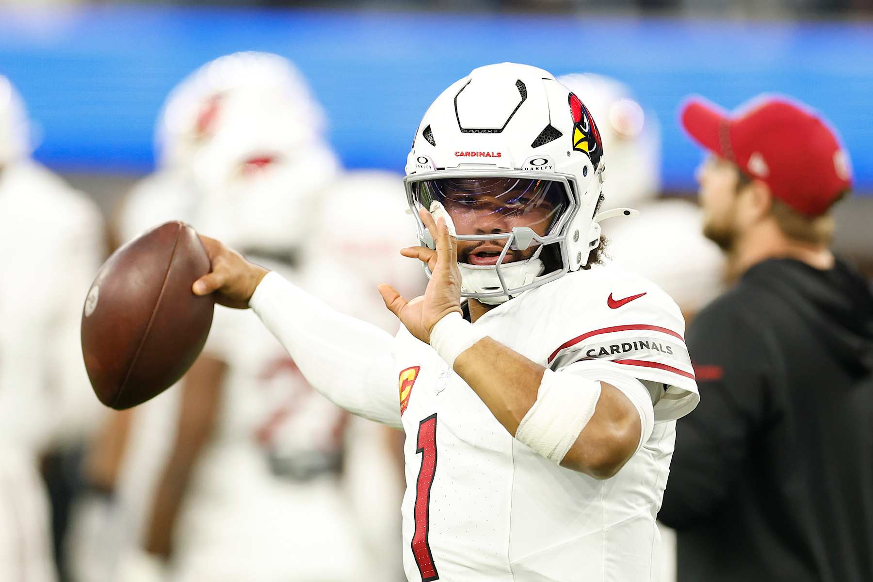 INGLEWOOD, CALIFORNIA - DECEMBER 28:  Kyler Murray #1 of the Arizona Cardinals at SoFi Stadium on December 28, 2024 in Inglewood, California. (Photo by Ronald Martinez/Getty Images)