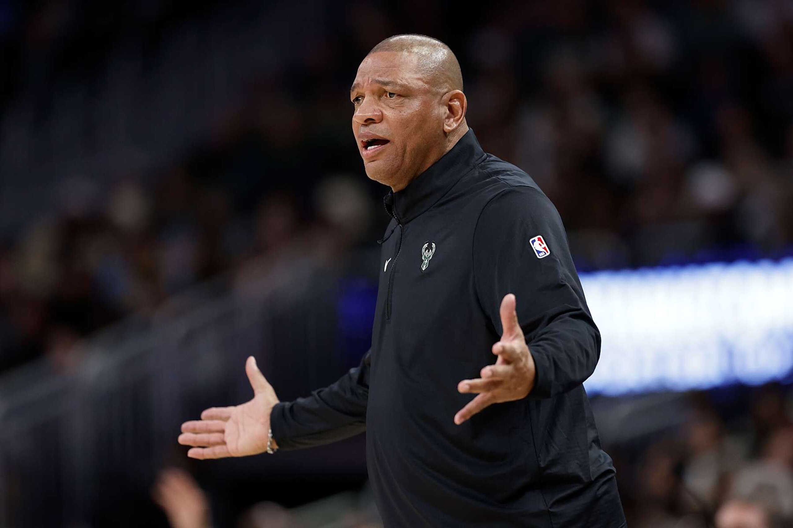 MILWAUKEE, WISCONSIN - JANUARY 04: Doc Rivers head coach of the Milwaukee Bucks during the first half of the game against the Portland Trail Blazers at Fiserv Forum on January 04, 2025 in Milwaukee, Wisconsin. NOTE TO USER: User expressly acknowledges and agrees that, by downloading and or using this photograph, User is consenting to the terms and conditions of the Getty Images License Agreement. (Photo by John Fisher/Getty Images) MILWAUKEE, WISCONSIN - JANUARY 04: Doc Rivers head coach of the Milwaukee Bucks during the first half of the game against the Portland Trail Blazers at Fiserv Forum on January 04, 2025 in Milwaukee, Wisconsin. NOTE TO USER: User expressly acknowledges and agrees that, by downloading and or using this photograph, User is consenting to the terms and conditions of the Getty Images License Agreement. (Photo by John Fisher/Getty Images)