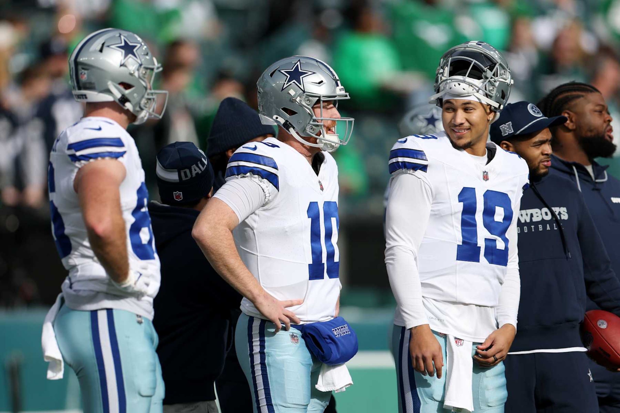 PHILADELPHIA, PENNSYLVANIA - DECEMBER 29: Cooper Rush #10 talks with Trey Lance #19 of the Dallas Cowboys before the game against the Philadelphia Eagles at Lincoln Financial Field on December 29, 2024 in Philadelphia, Pennsylvania. (Photo by Emilee Chinn/Getty Images) PHILADELPHIA, PENNSYLVANIA - DECEMBER 29: Cooper Rush #10 talks with Trey Lance #19 of the Dallas Cowboys before the game against the Philadelphia Eagles at Lincoln Financial Field on December 29, 2024 in Philadelphia, Pennsylvania. (Photo by Emilee Chinn/Getty Images)