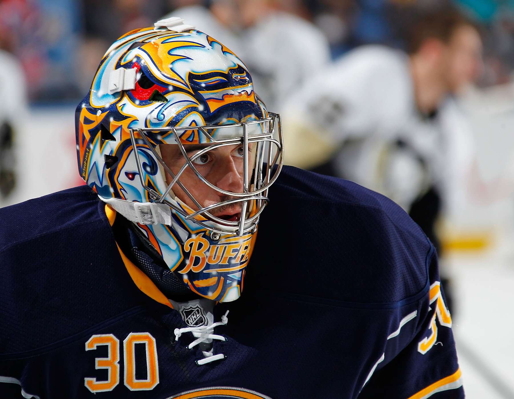 BUFFALO, NY - FEBRUARY 05: Ryan Miller #30 of the Buffalo Sabres warms up before playing the Pittsburgh Penguins on February 5, 2014 at the First Niagara Center in Buffalo, New York.  (Photo by Bill Wippert/NHLI via Getty Images) 