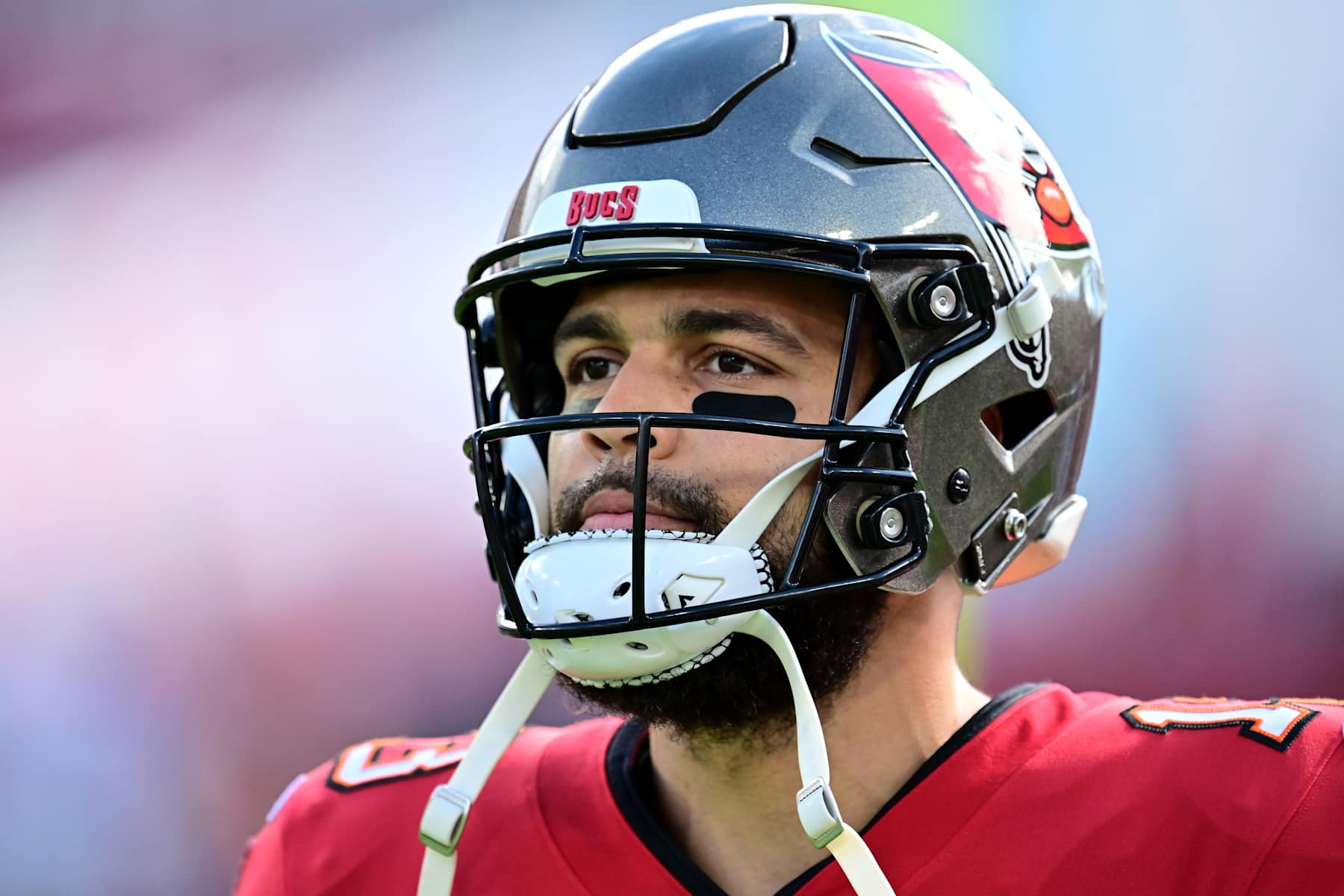 TAMPA, FLORIDA - DECEMBER 29: Mike Evans #13 of the Tampa Bay Buccaneers looks on during warmups before the game against the Carolina Panthers  at Raymond James Stadium on December 29, 2024 in Tampa, Florida. (Photo by Julio Aguilar/Getty Images)