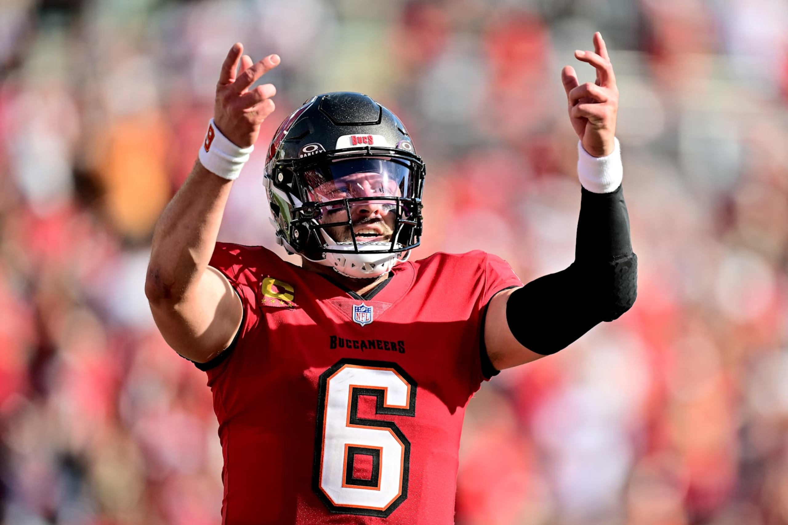 TAMPA, FLORIDA - JANUARY 05: Baker Mayfield #6 of the Tampa Bay Buccaneers celebrates scoring a touchdown against the New Orleans Saints in the third quarter of the game at Raymond James Stadium on January 05, 2025 in Tampa, Florida. (Photo by Julio Aguilar/Getty Images) TAMPA, FLORIDA - JANUARY 05: Baker Mayfield #6 of the Tampa Bay Buccaneers celebrates scoring a touchdown against the New Orleans Saints in the third quarter of the game at Raymond James Stadium on January 05, 2025 in Tampa, Florida. (Photo by Julio Aguilar/Getty Images)