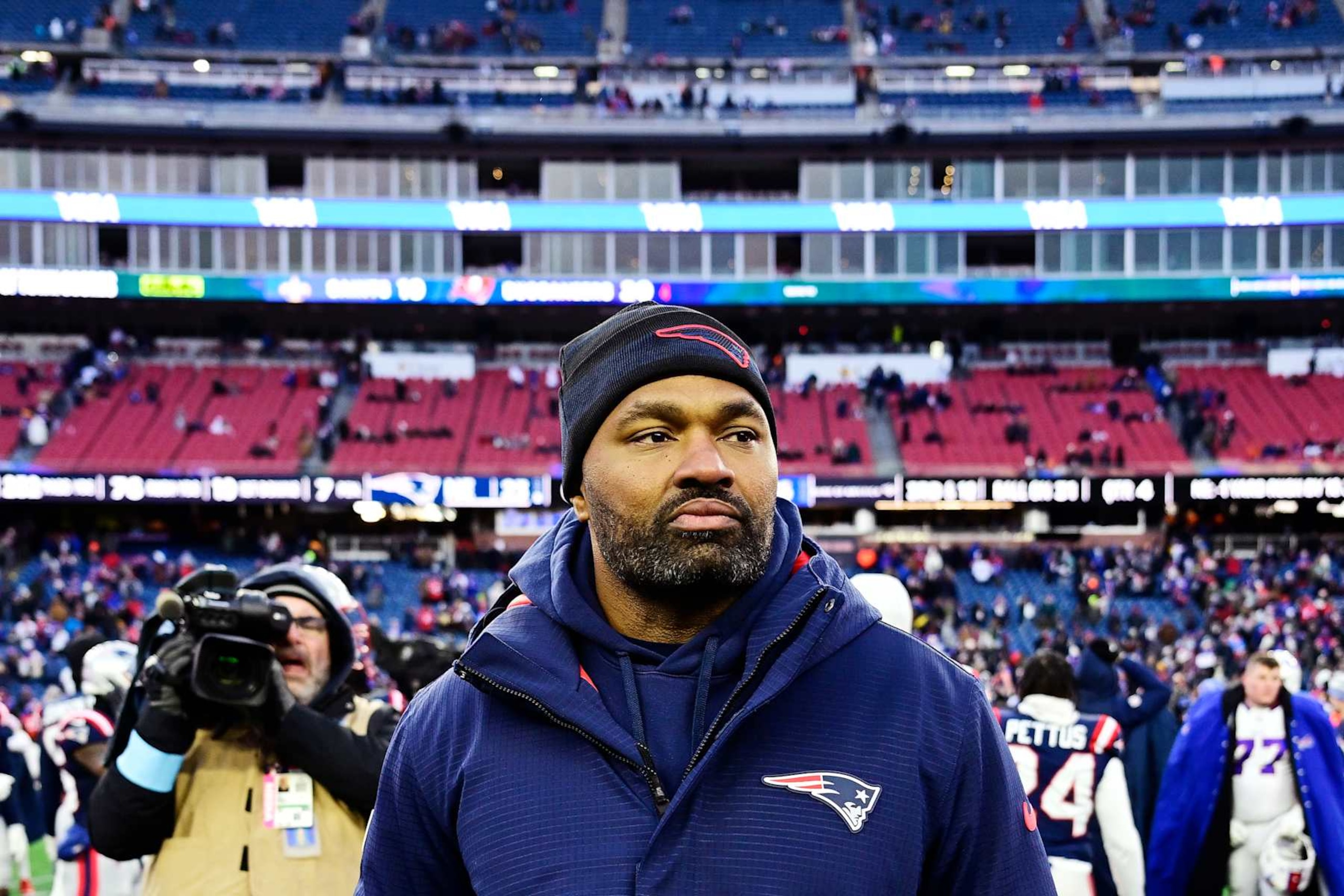 FOXBOROUGH, MASSACHUSETTS - JANUARY 05: Head coach Jerod Mayo of the New England Patriots looks on after defeating the Buffalo Bills 23-16 at Gillette Stadium on January 05, 2025 in Foxborough, Massachusetts. (Photo by Billie Weiss/Getty Images)