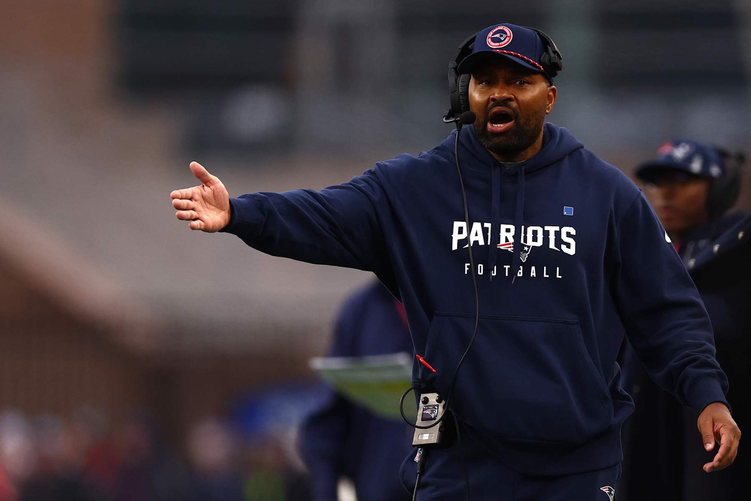 FOXBOROUGH, MASSACHUSETTS - DECEMBER 28: New England Patriots head coach Jerod Mayo disputes a call during the game against the Los Angeles Chargers  at Gillette Stadium on December 28, 2024 in Foxborough, Massachusetts. (Photo by Maddie Meyer/Getty Images)