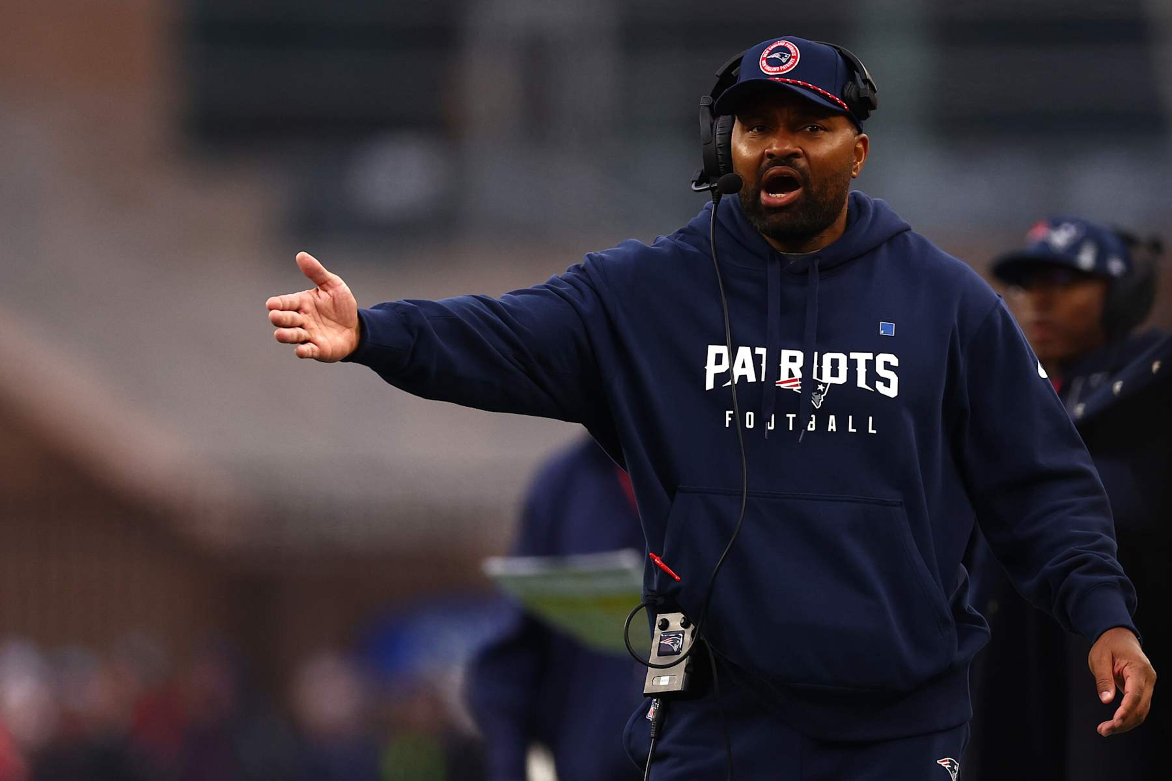 FOXBOROUGH, MASSACHUSETTS - DECEMBER 28: New England Patriots head coach Jerod Mayo disputes a call during the game against the Los Angeles Chargers at Gillette Stadium on December 28, 2024 in Foxborough, Massachusetts. (Photo by Maddie Meyer/Getty Images) FOXBOROUGH, MASSACHUSETTS - DECEMBER 28: New England Patriots head coach Jerod Mayo disputes a call during the game against the Los Angeles Chargers at Gillette Stadium on December 28, 2024 in Foxborough, Massachusetts. (Photo by Maddie Meyer/Getty Images)