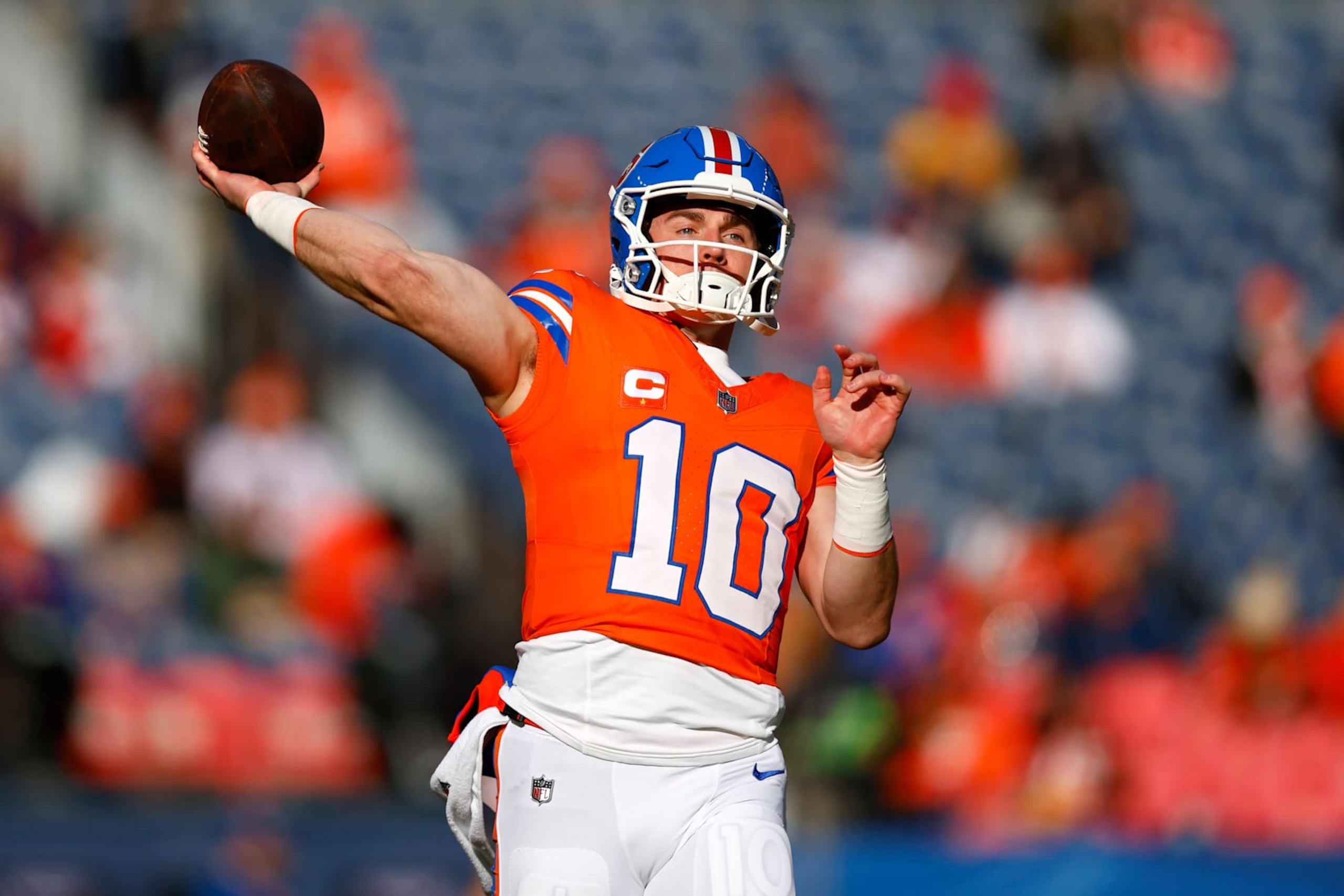 DENVER, COLORADO - JANUARY 05: Bo Nix #10 of the Denver Broncos warms up before the game against the Kansas City Chiefs at Empower Field At Mile High on January 05, 2025 in Denver, Colorado. (Photo by Justin Edmonds/Getty Images) DENVER, COLORADO - JANUARY 05: Bo Nix #10 of the Denver Broncos warms up before the game against the Kansas City Chiefs at Empower Field At Mile High on January 05, 2025 in Denver, Colorado. (Photo by Justin Edmonds/Getty Images)