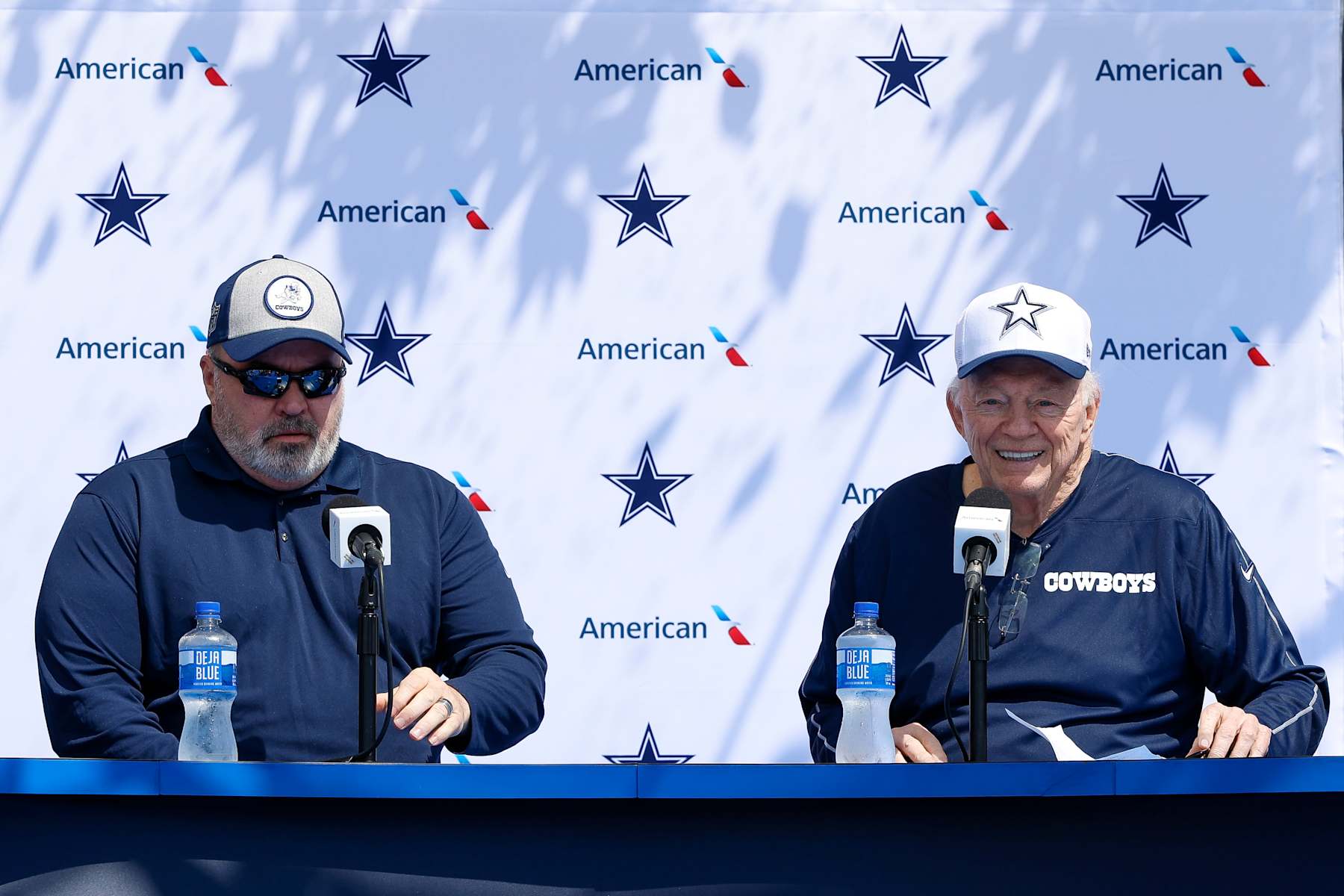 OXNARD, CA - JULY 25: Dallas Cowboys owner Jerry Jones and head coach Mike McCarthy talk to the media during the team's training camp at River Ridge Playing Fields on July 25, 2024 in Oxnard, CA. (Photo by Brandon Sloter/Icon Sportswire via Getty Images) OXNARD, CA - JULY 25: Dallas Cowboys owner Jerry Jones and head coach Mike McCarthy talk to the media during the team's training camp at River Ridge Playing Fields on July 25, 2024 in Oxnard, CA. (Photo by Brandon Sloter/Icon Sportswire via Getty Images)