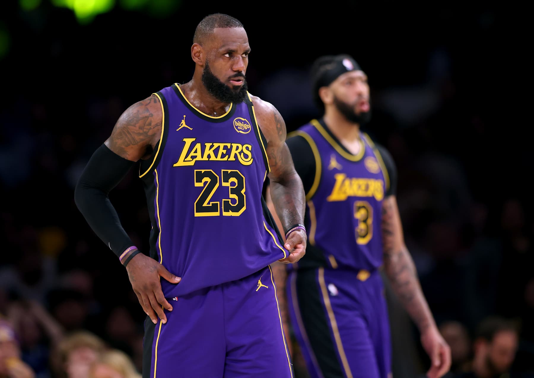LOS ANGELES, CALIFORNIA - JANUARY 03: LeBron James #23 of the Los Angeles Lakers and Anthony Davis #3 during a 119-102 win over the Atlanta Hawks at Crypto.com Arena on January 03, 2025 in Los Angeles, California. NOTE TO USER: User expressly acknowledges and agrees that, by downloading and or using this photograph, User is consenting to the terms and conditions of the Getty Images License Agreement. (Photo by Harry How/Getty Images)