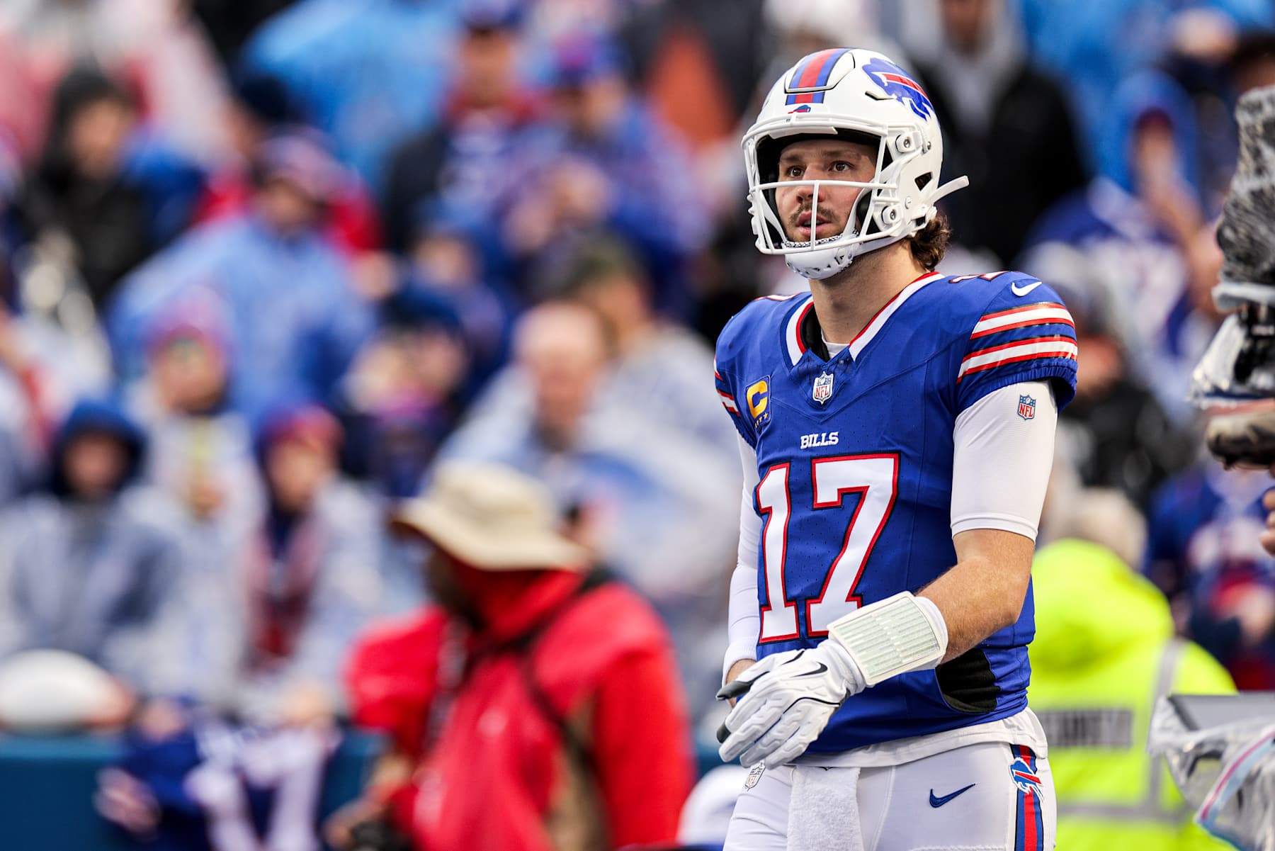 ORCHARD PARK, NEW YORK - DECEMBER 29: Josh Allen #17 of the Buffalo Bills looks on prior to a game against the New York Jets at Highmark Stadium on December 29, 2024 in Orchard Park, New York. (Photo by Bryan Bennett/Getty Images)