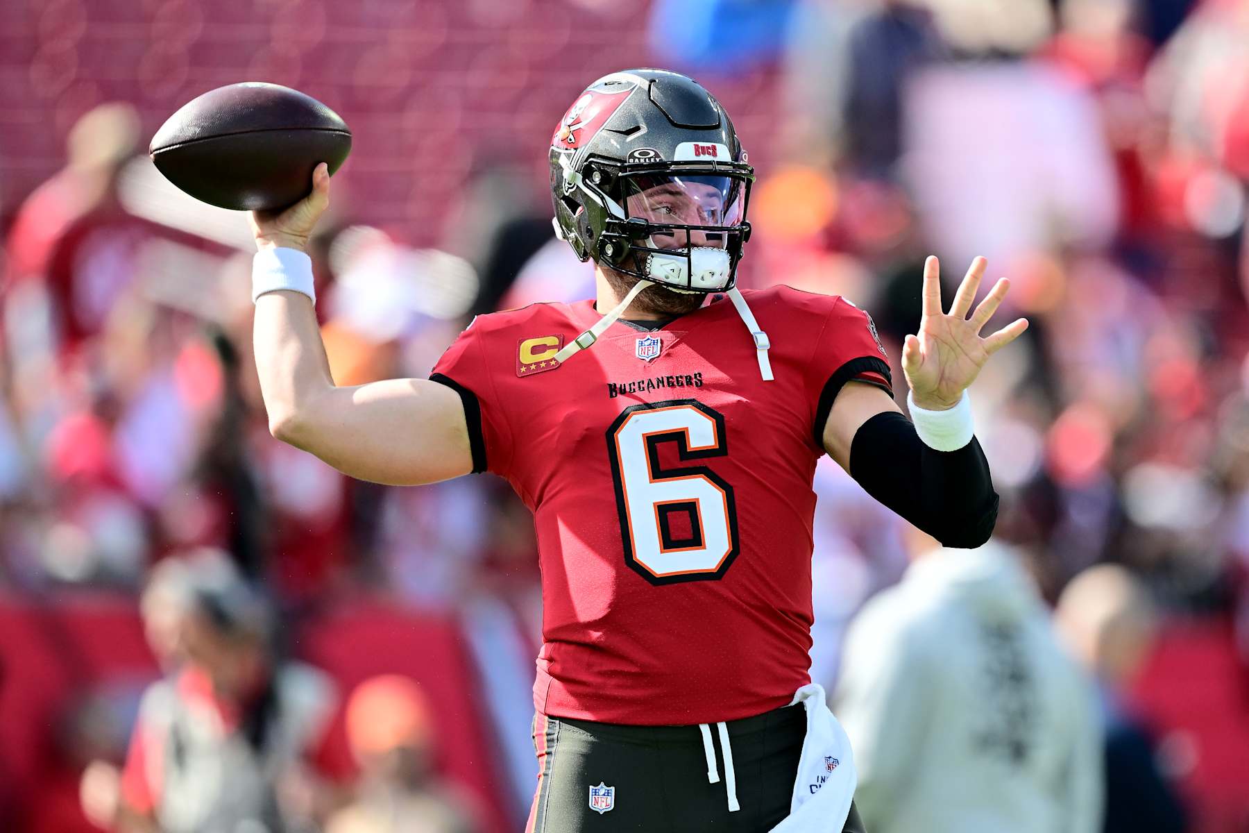 TAMPA, FLORIDA - JANUARY 05: Baker Mayfield #6 of the Tampa Bay Buccaneers warms up prior to the game against the New Orleans Saints at Raymond James Stadium on January 05, 2025 in Tampa, Florida. (Photo by Julio Aguilar/Getty Images) TAMPA, FLORIDA - JANUARY 05: Baker Mayfield #6 of the Tampa Bay Buccaneers warms up prior to the game against the New Orleans Saints at Raymond James Stadium on January 05, 2025 in Tampa, Florida. (Photo by Julio Aguilar/Getty Images)
