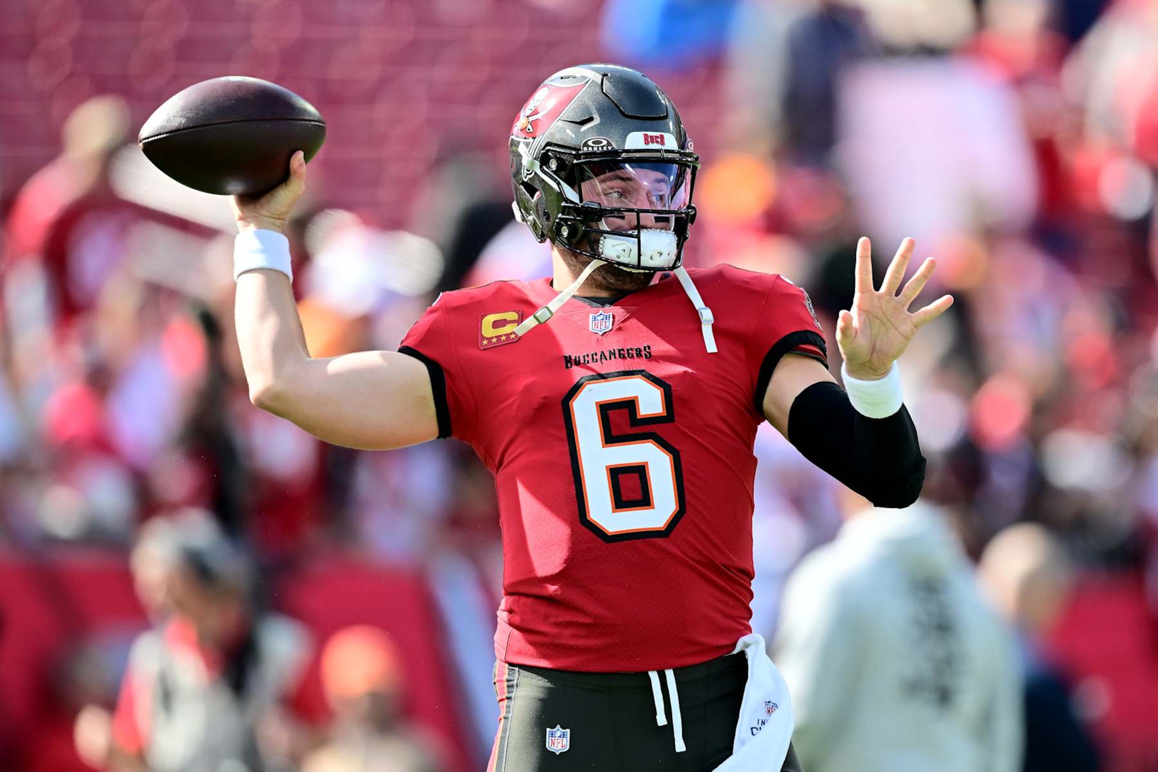 TAMPA, FLORIDA - JANUARY 05: Baker Mayfield #6 of the Tampa Bay Buccaneers warms up prior to the game against the New Orleans Saints at Raymond James Stadium on January 05, 2025 in Tampa, Florida. (Photo by Julio Aguilar/Getty Images) TAMPA, FLORIDA - JANUARY 05: Baker Mayfield #6 of the Tampa Bay Buccaneers warms up prior to the game against the New Orleans Saints at Raymond James Stadium on January 05, 2025 in Tampa, Florida. (Photo by Julio Aguilar/Getty Images)